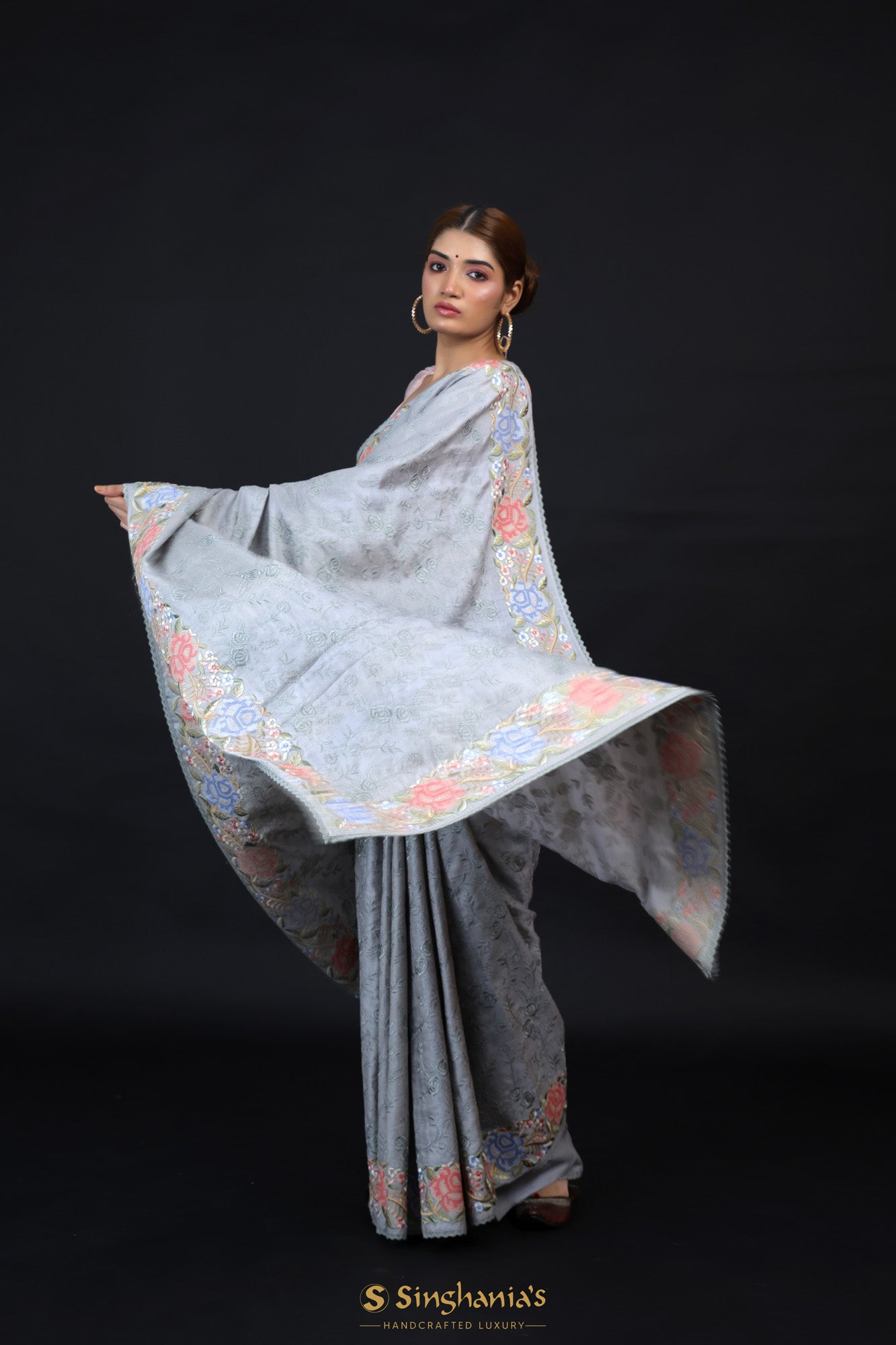 Dark Grey Tussar Silk Saree With Floral Embroidery