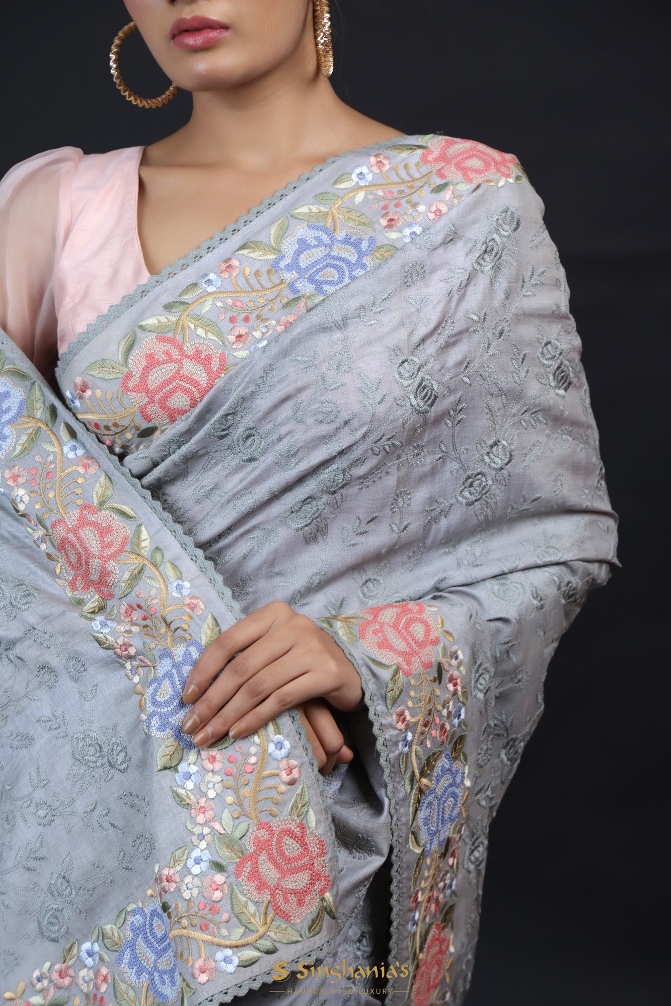 Dark Grey Tussar Silk Saree With Floral Embroidery