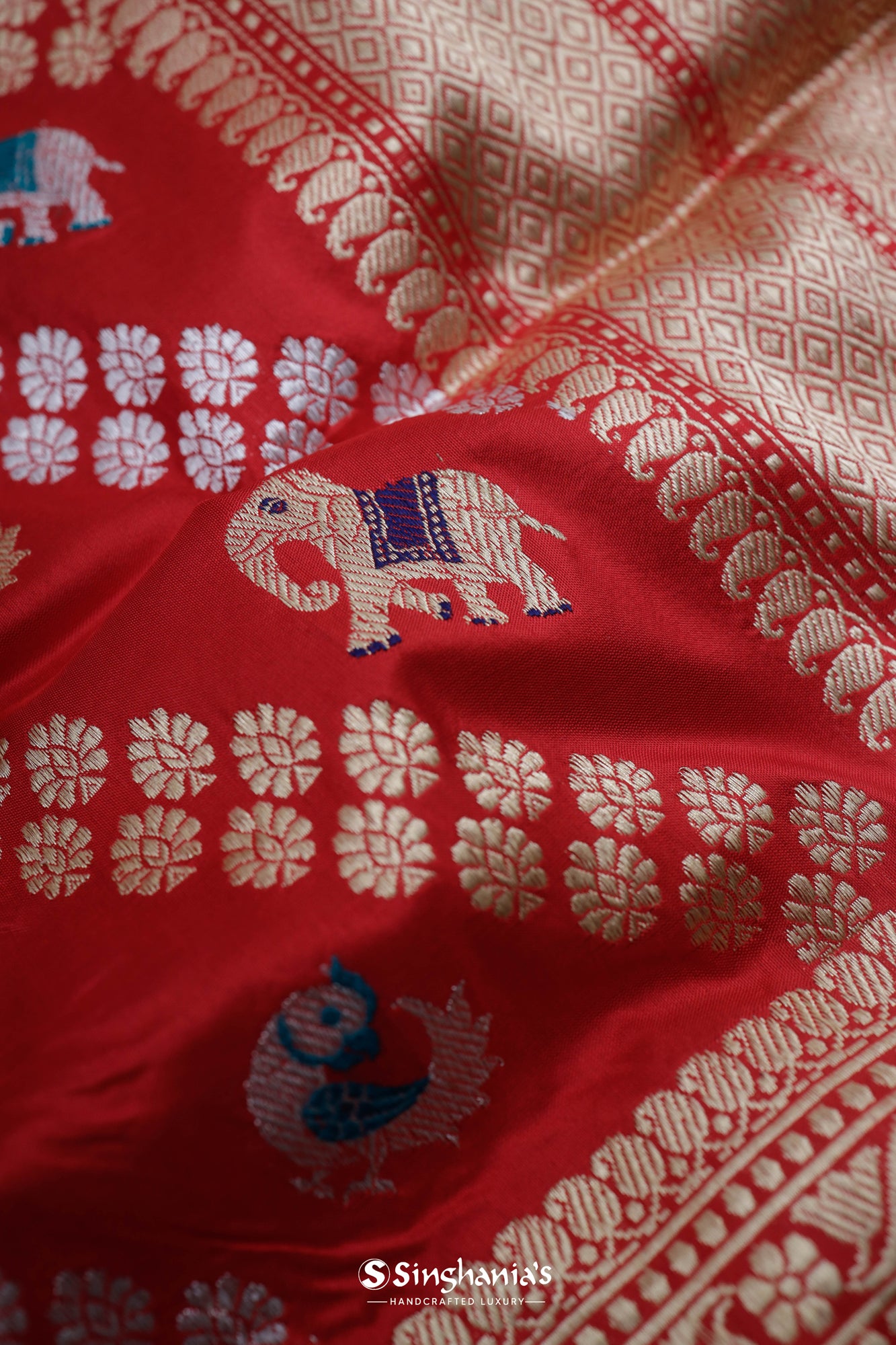 Persian Red Banarasi Silk Saree With Flora-Fauna Weaving