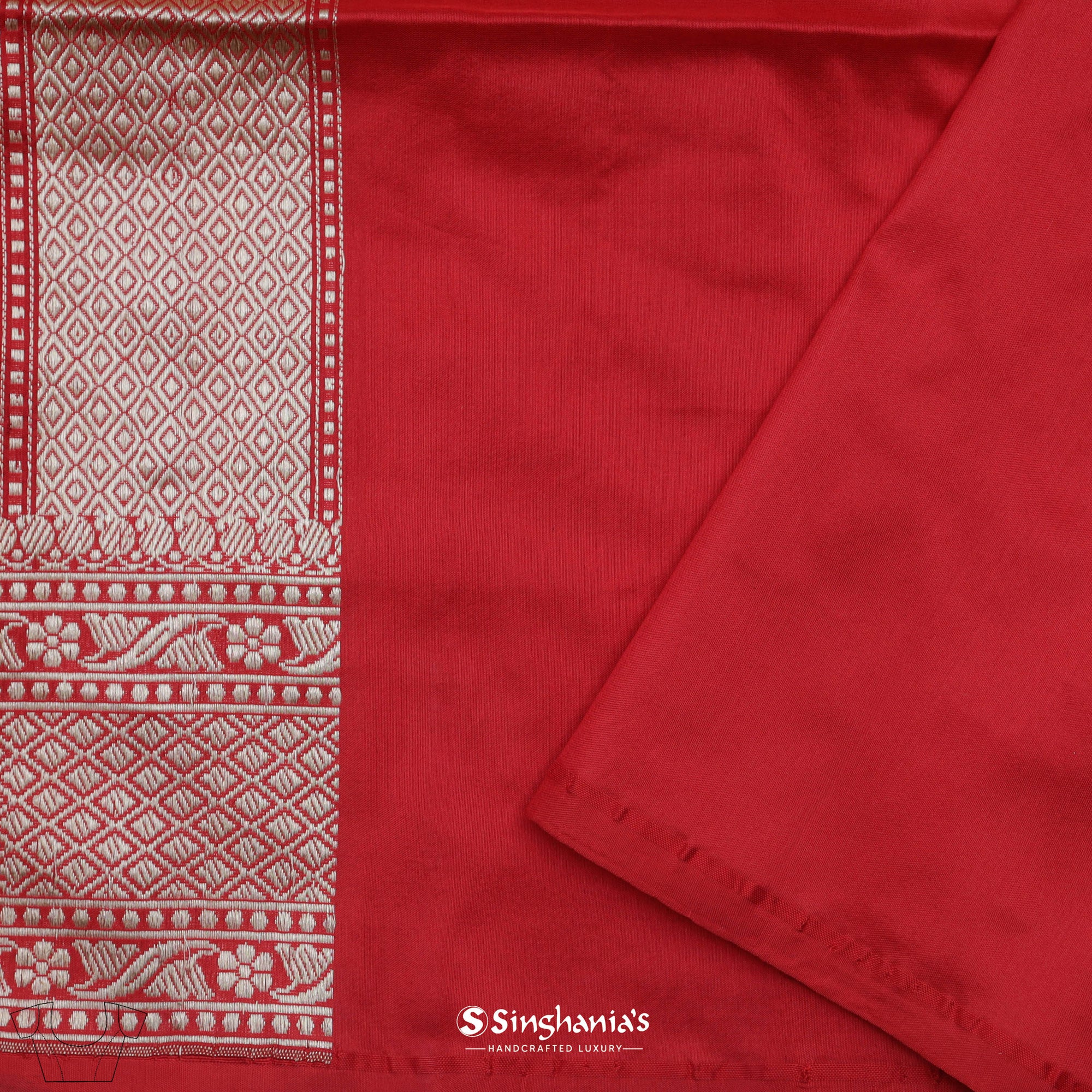 Persian Red Banarasi Silk Saree With Flora-Fauna Weaving