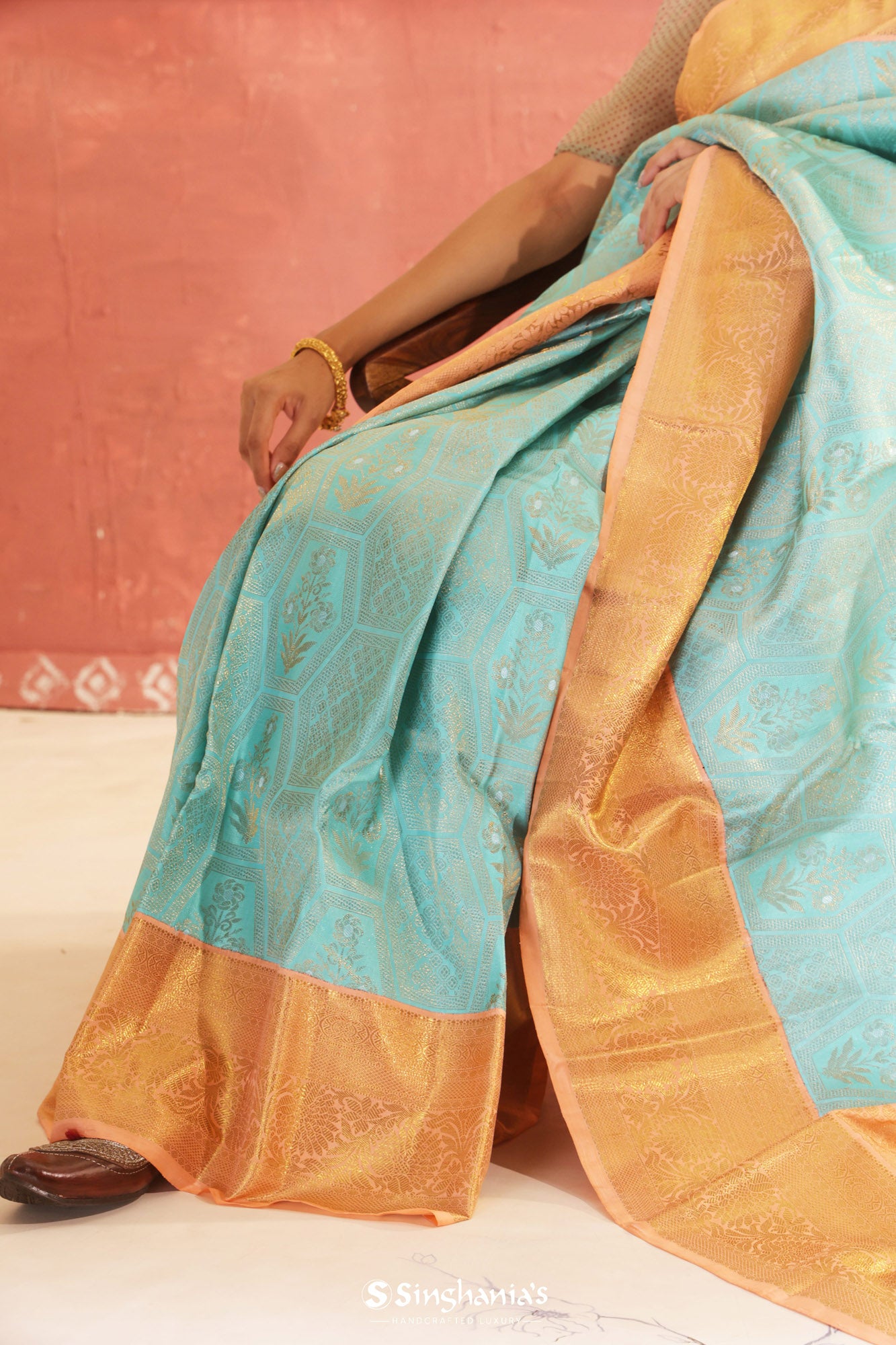 Tiffany Blue Kanjivaram Silk Saree With Floral Geometrical Pattern