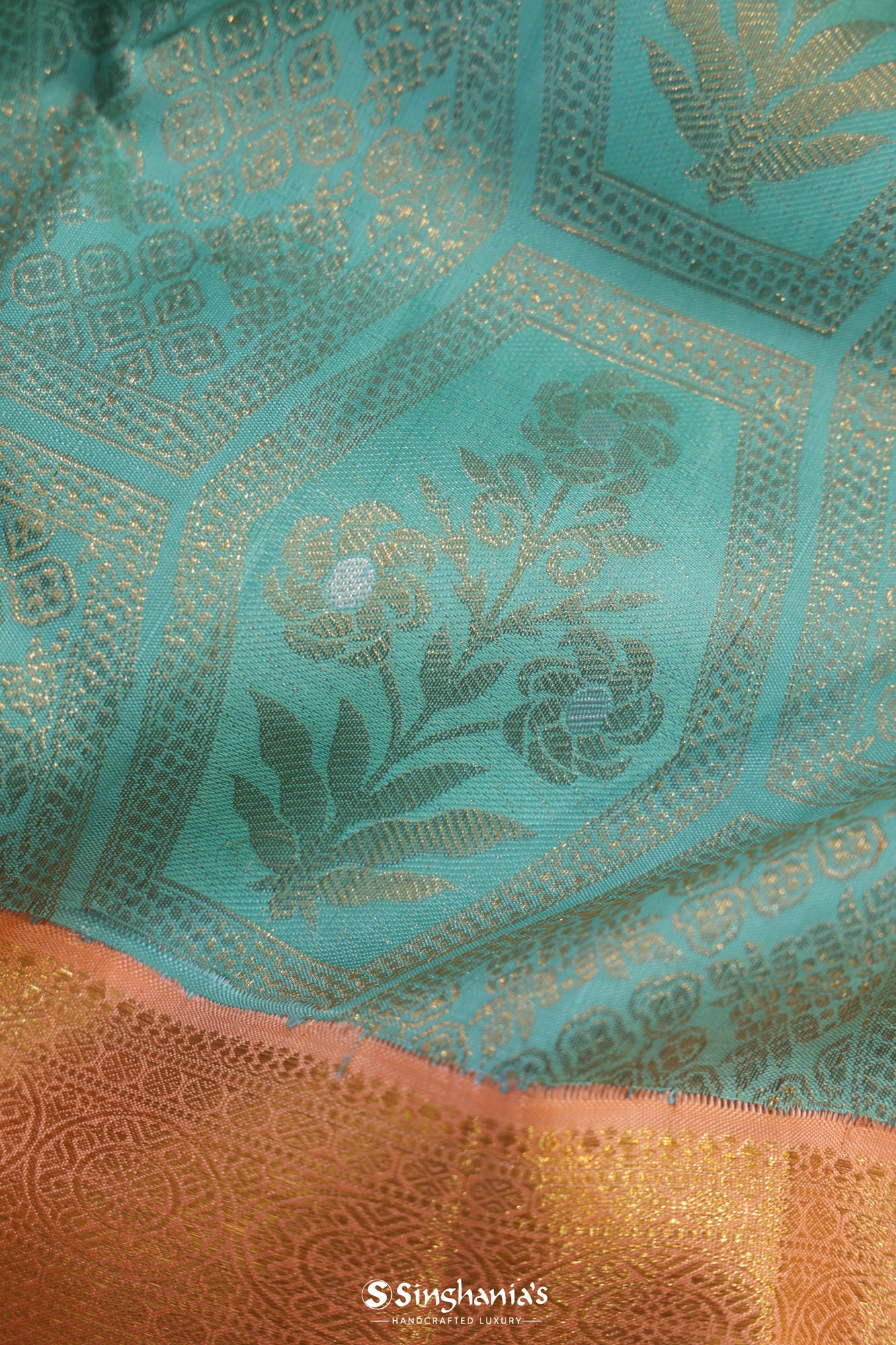 Tiffany Blue Kanjivaram Silk Saree With Floral Geometrical Pattern