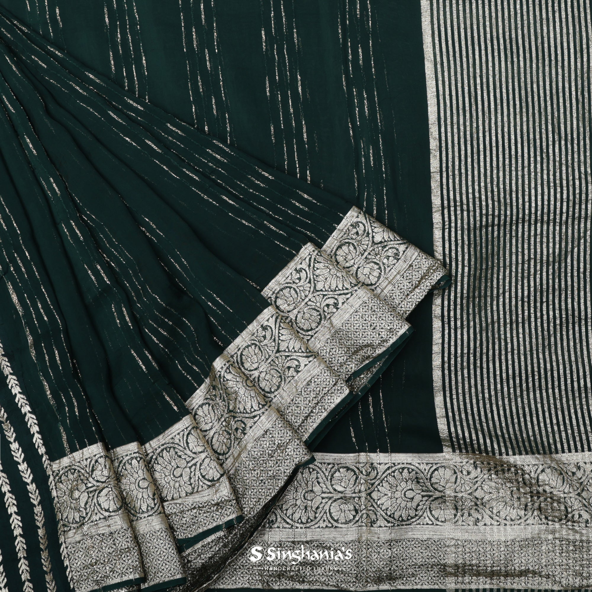 Dark Green Banarasi Georgette Saree With Stripes Weaving