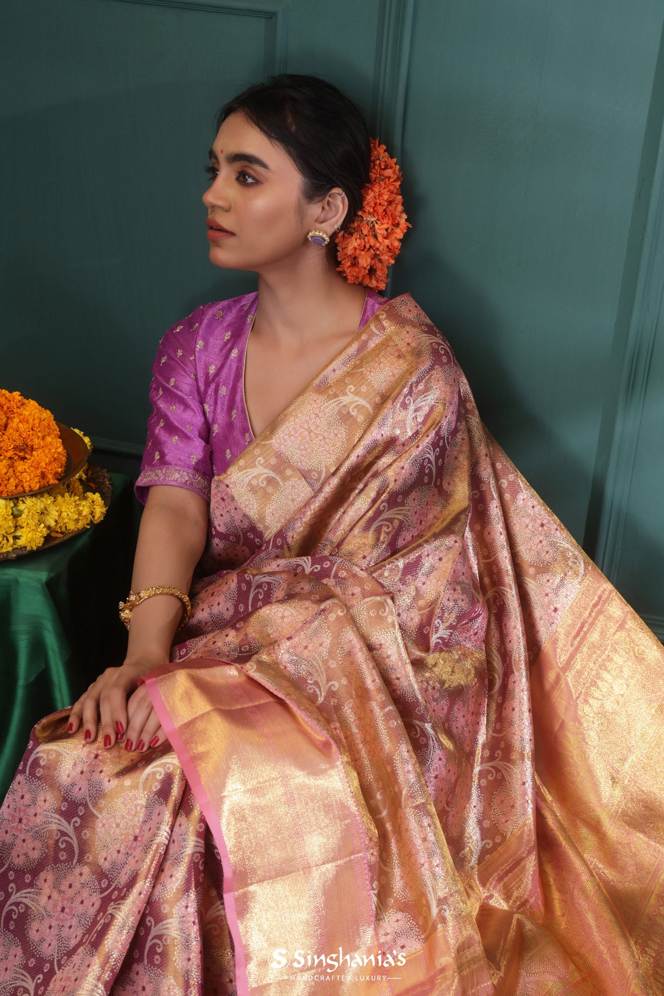 Buy Moss Green Tissue Silk Saree With Floral Embroidery