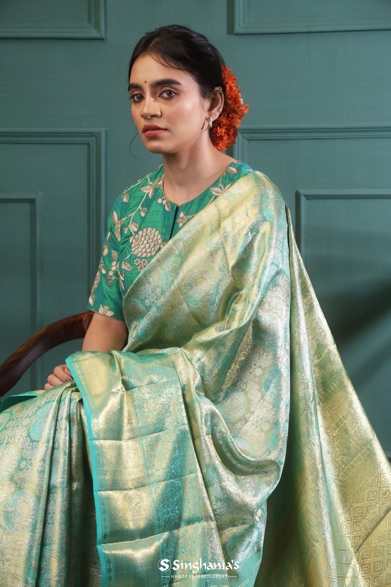 Greenish Blue Tissue Kanjivaram Silk Saree With Floral Jaal Design