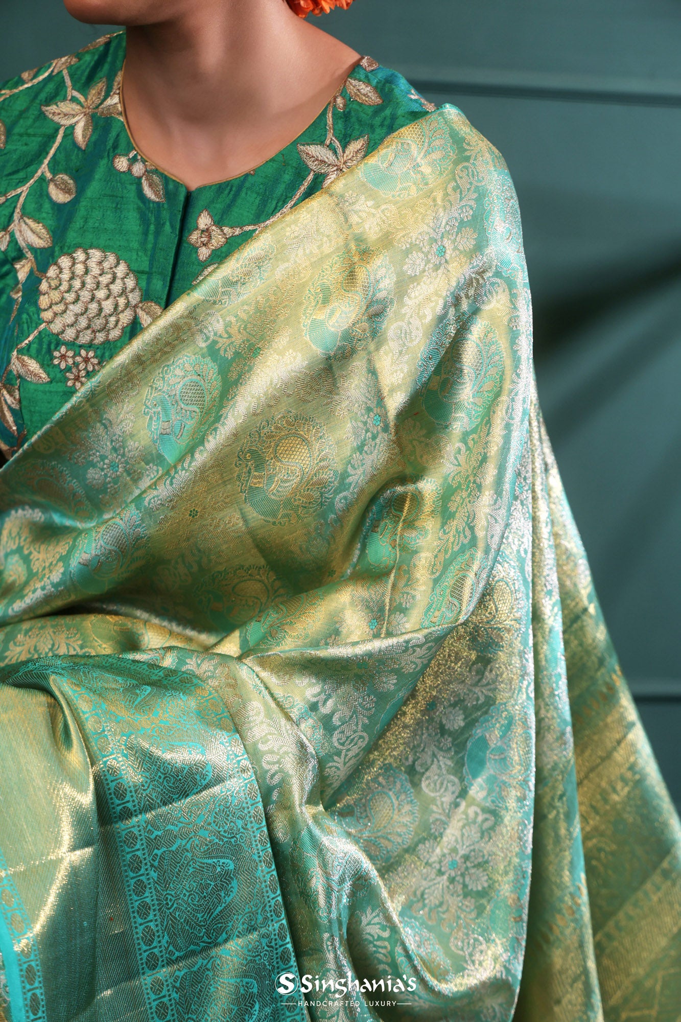 Greenish Blue Tissue Kanjivaram Silk Saree With Floral Jaal Design