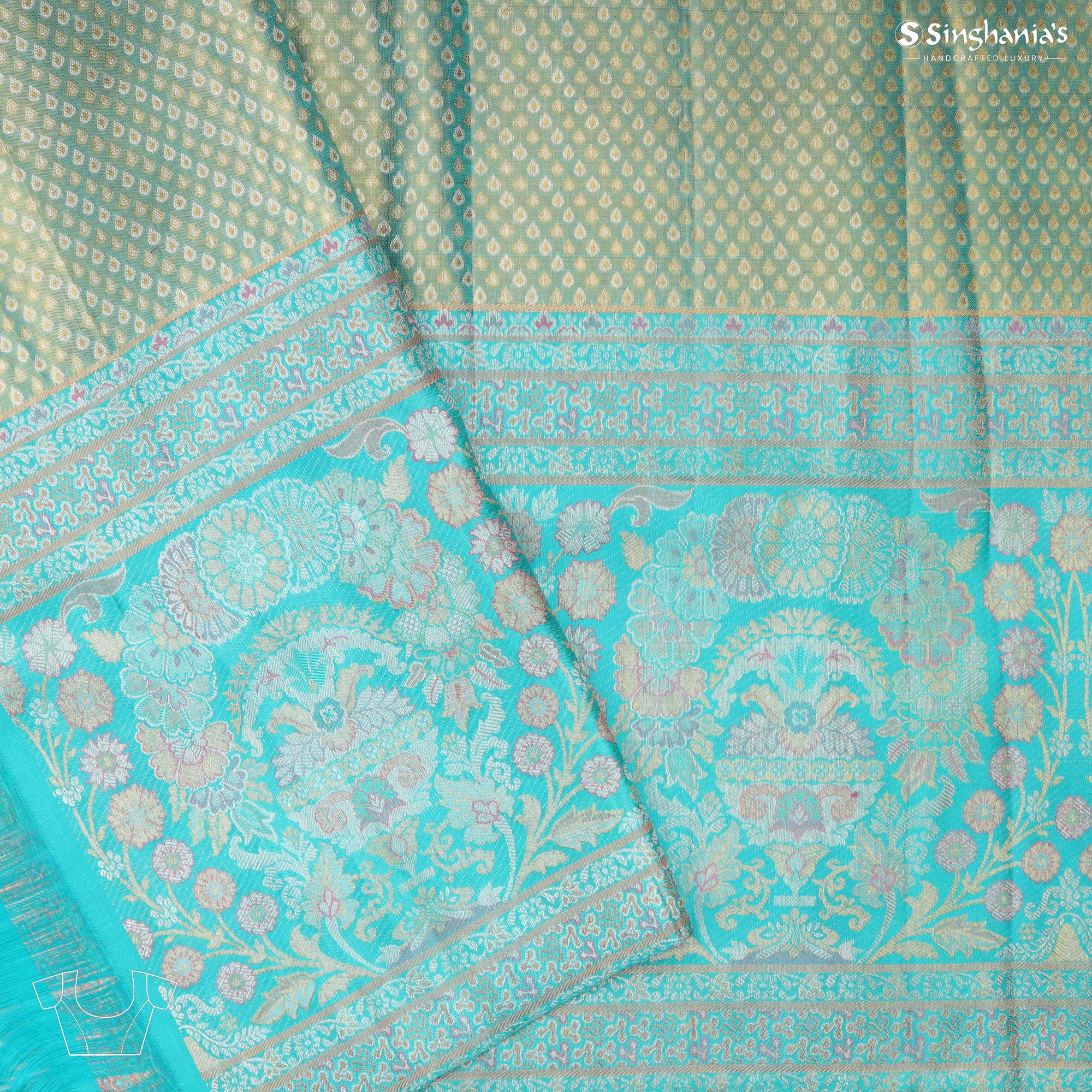 Green Gold Tissue Kanjivaram Silk Saree With Floral Jaal Design