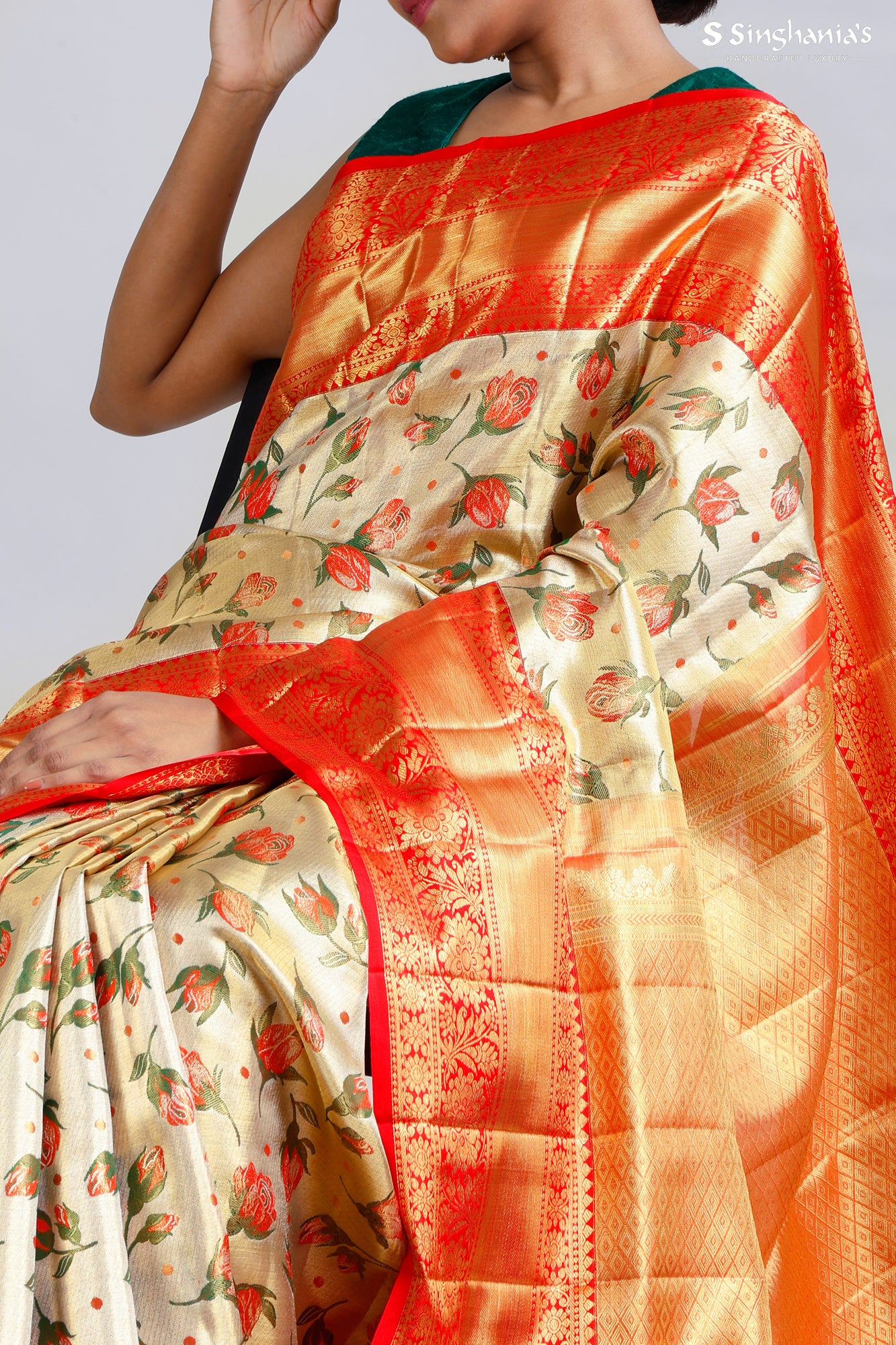 Light Gold Tissue Kanjivaram Silk Saree With Floral Motif Pattern