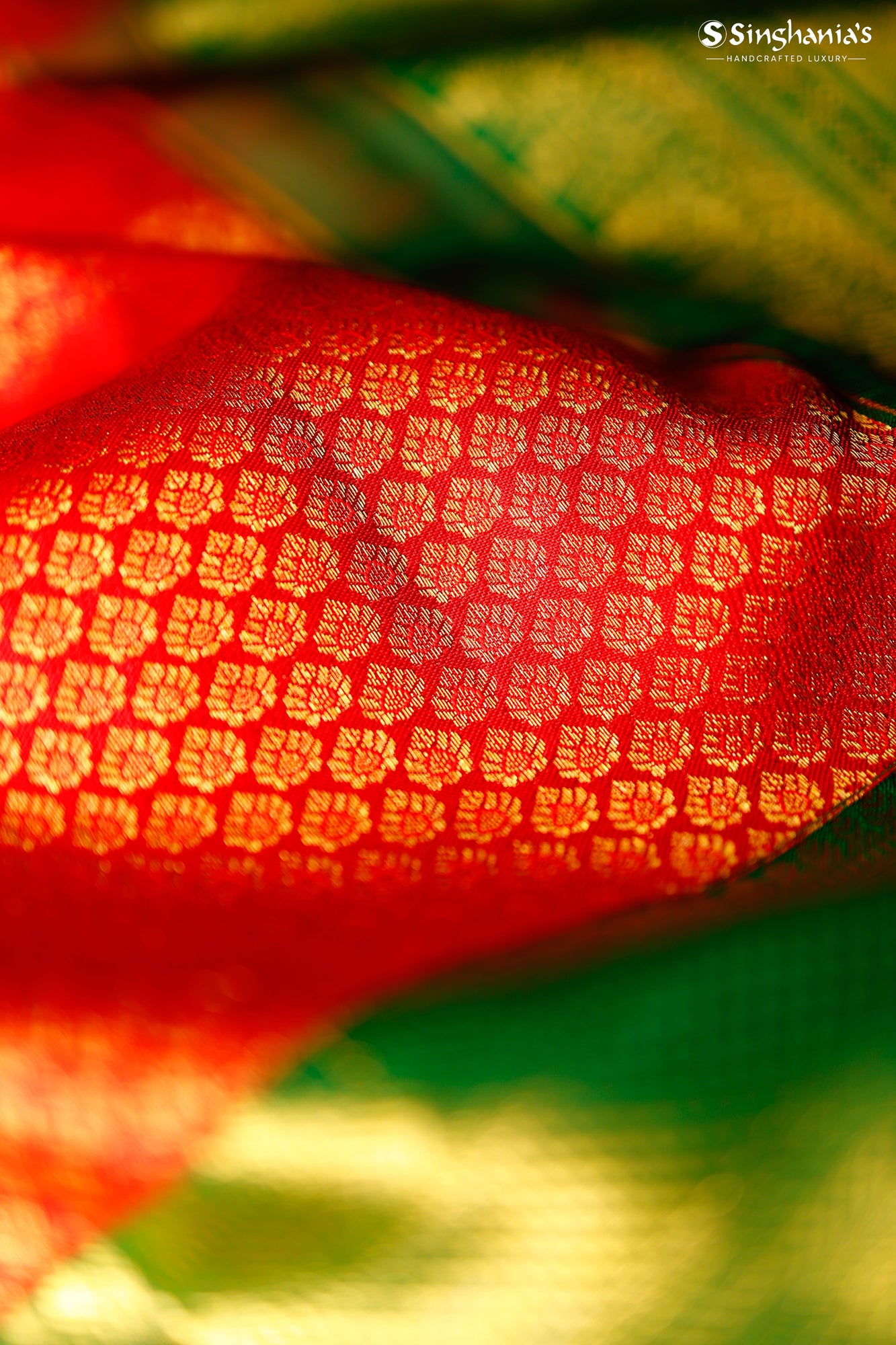 Bright Red Kanjivaram Silk Saree With Floral Buttis