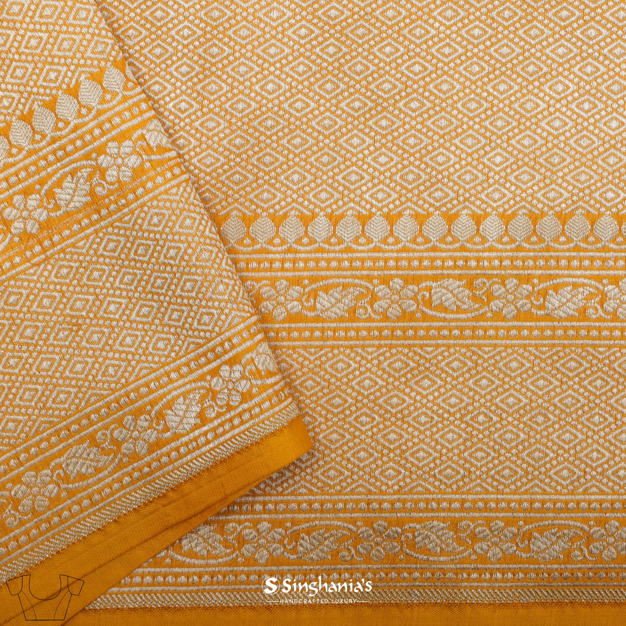 Orange Yellow Banarasi Silk Saree With Floral Jaal Weaving