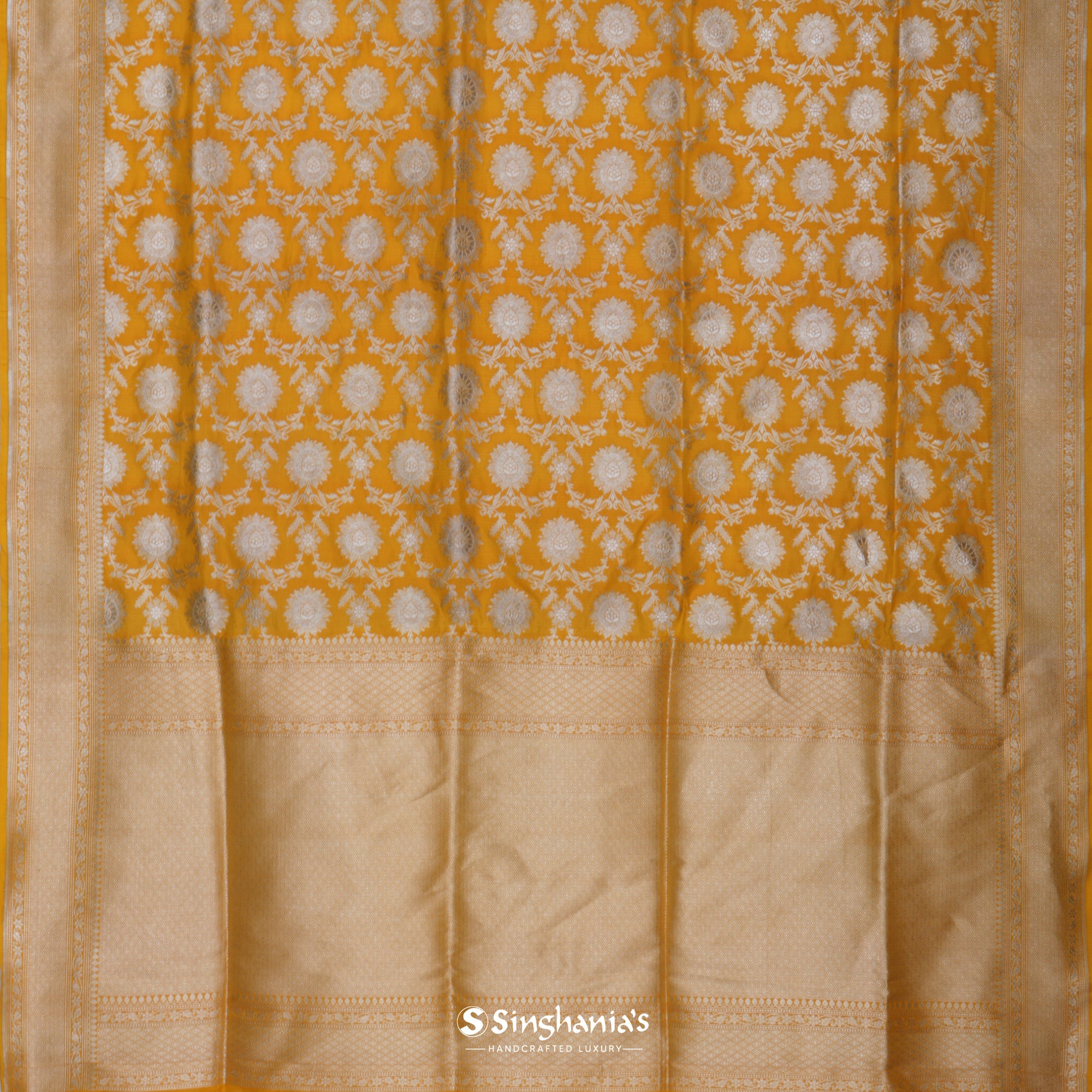 Orange Yellow Banarasi Silk Saree With Floral Jaal Weaving