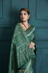 Earthen Green Tussar Printed Saree With Mukaish Work