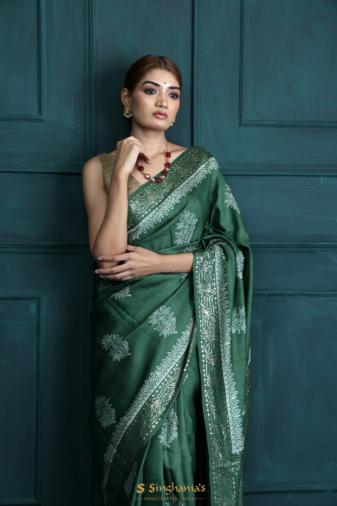 Brown and Green Modal Silk Patola Print Saree and Blouse | ViBha