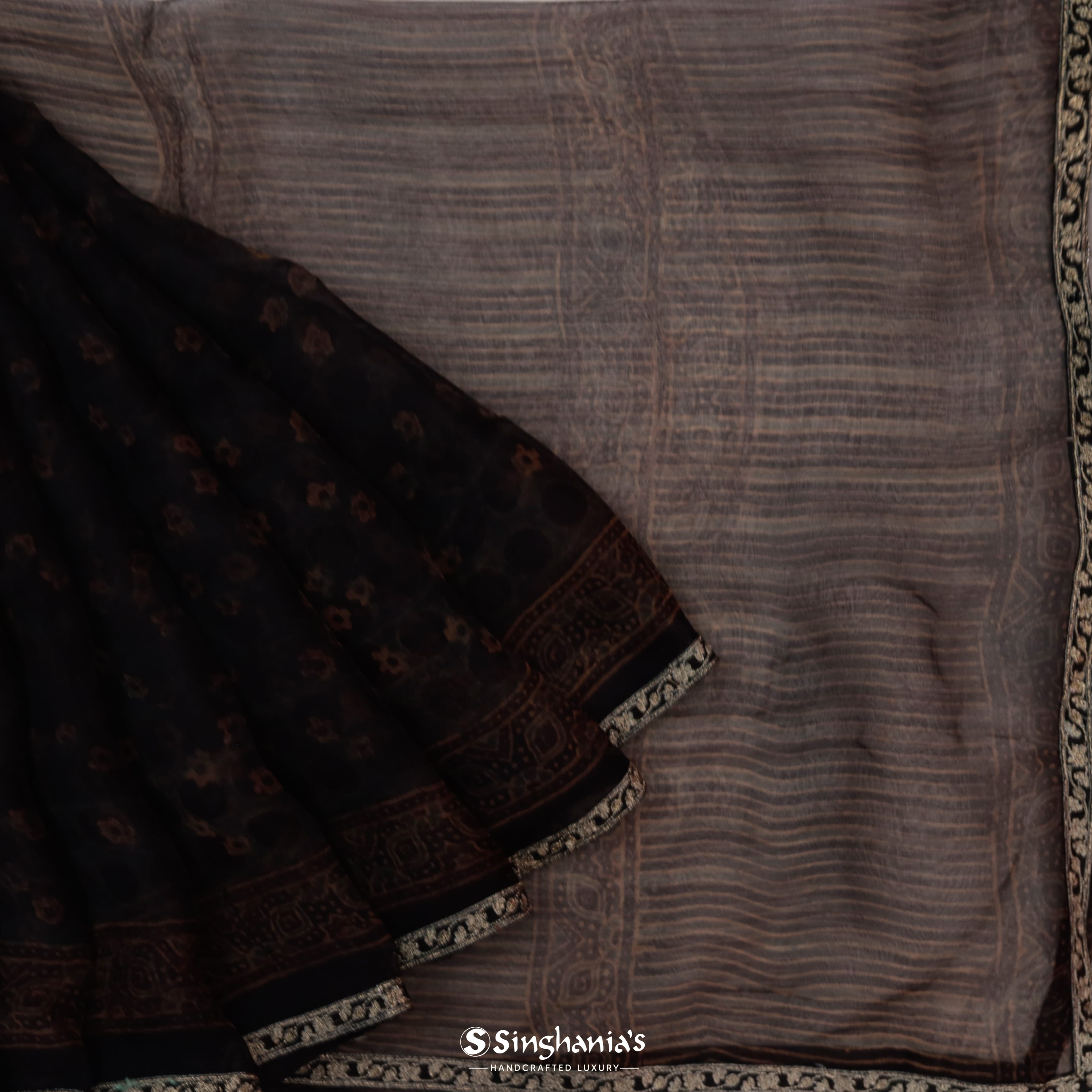 Deep Brown Organza Embroidery Saree With Tiny Floral Buttis