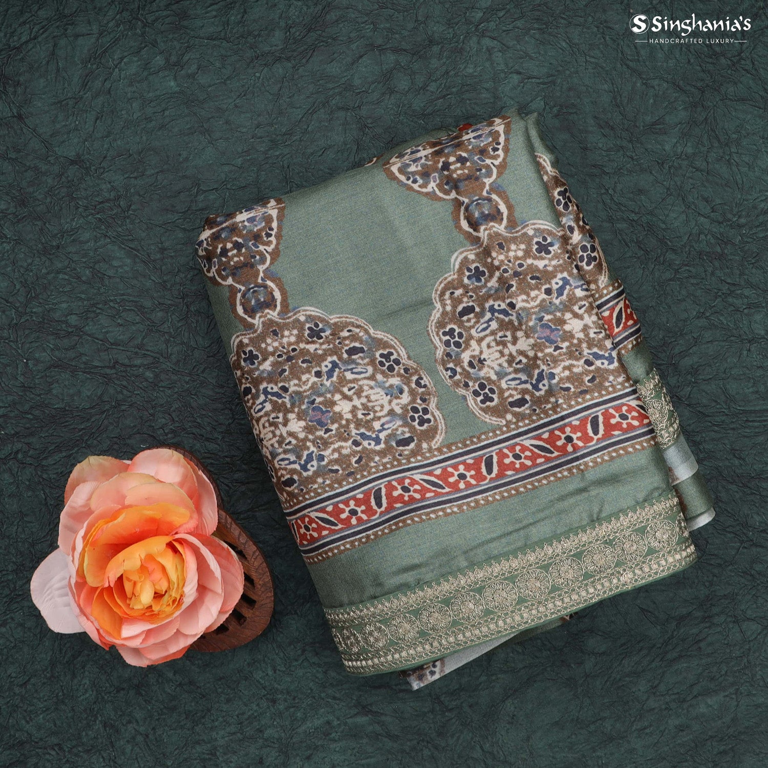 Earthy Green Printed Tussar Saree With Floral Embroidery