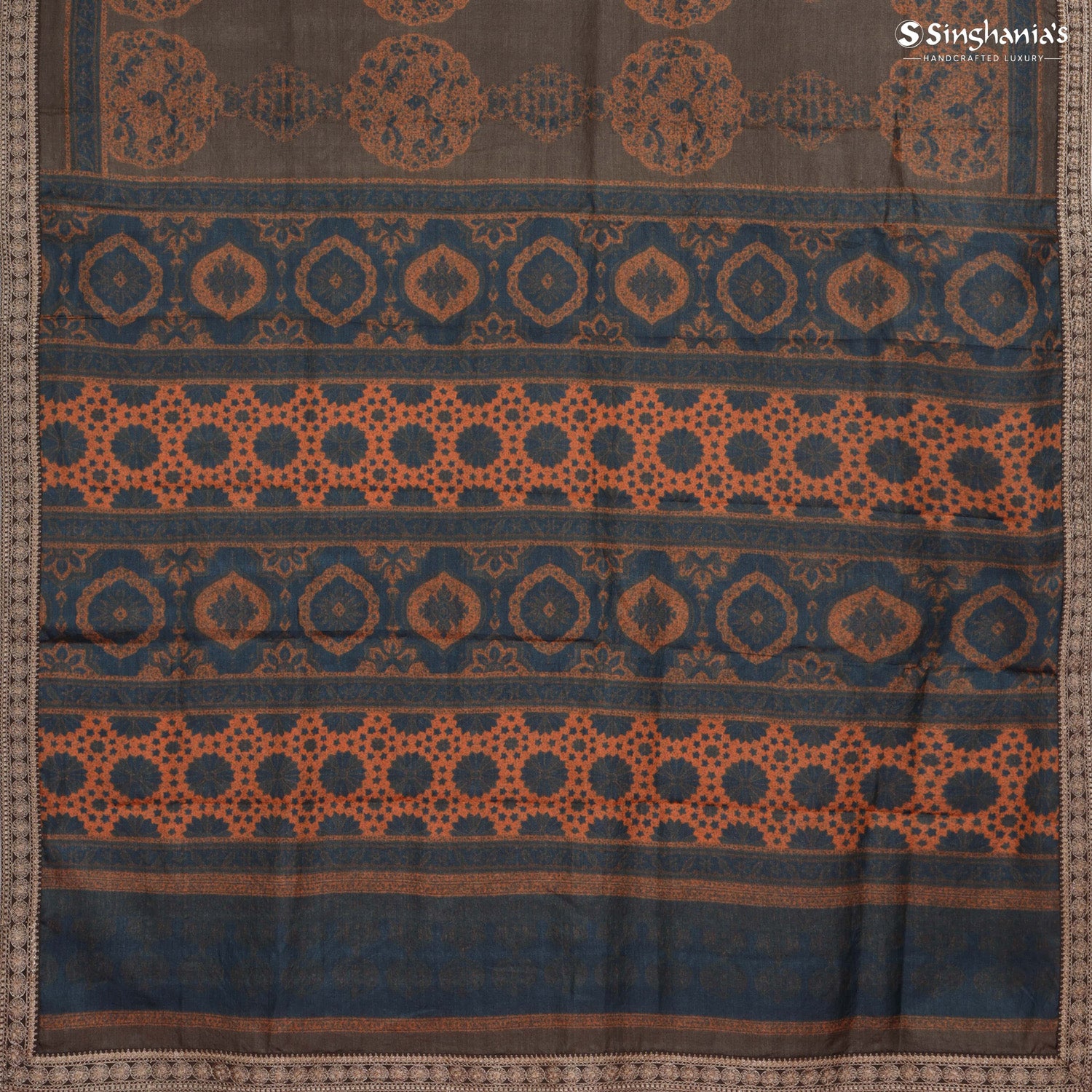 Earthy Green Printed Tussar Saree With Embroidery