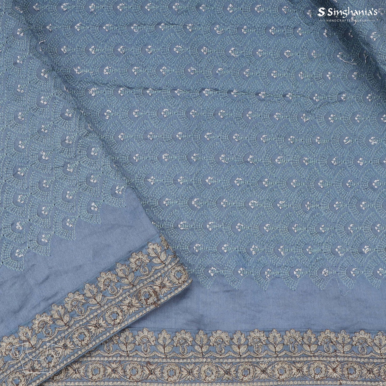 Pastel Blue Printed Silk Saree With Embroidery