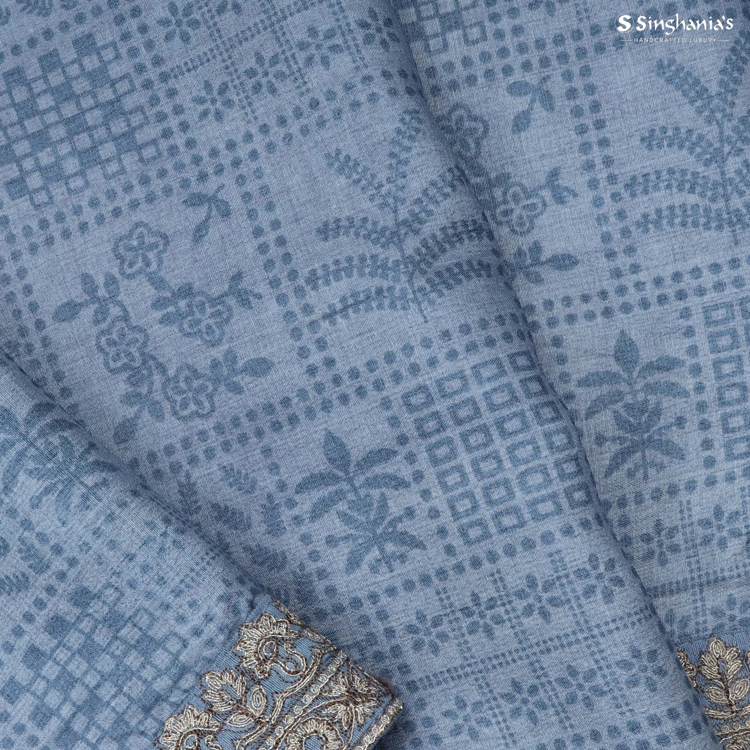 Pastel Blue Printed Silk Saree With Embroidery