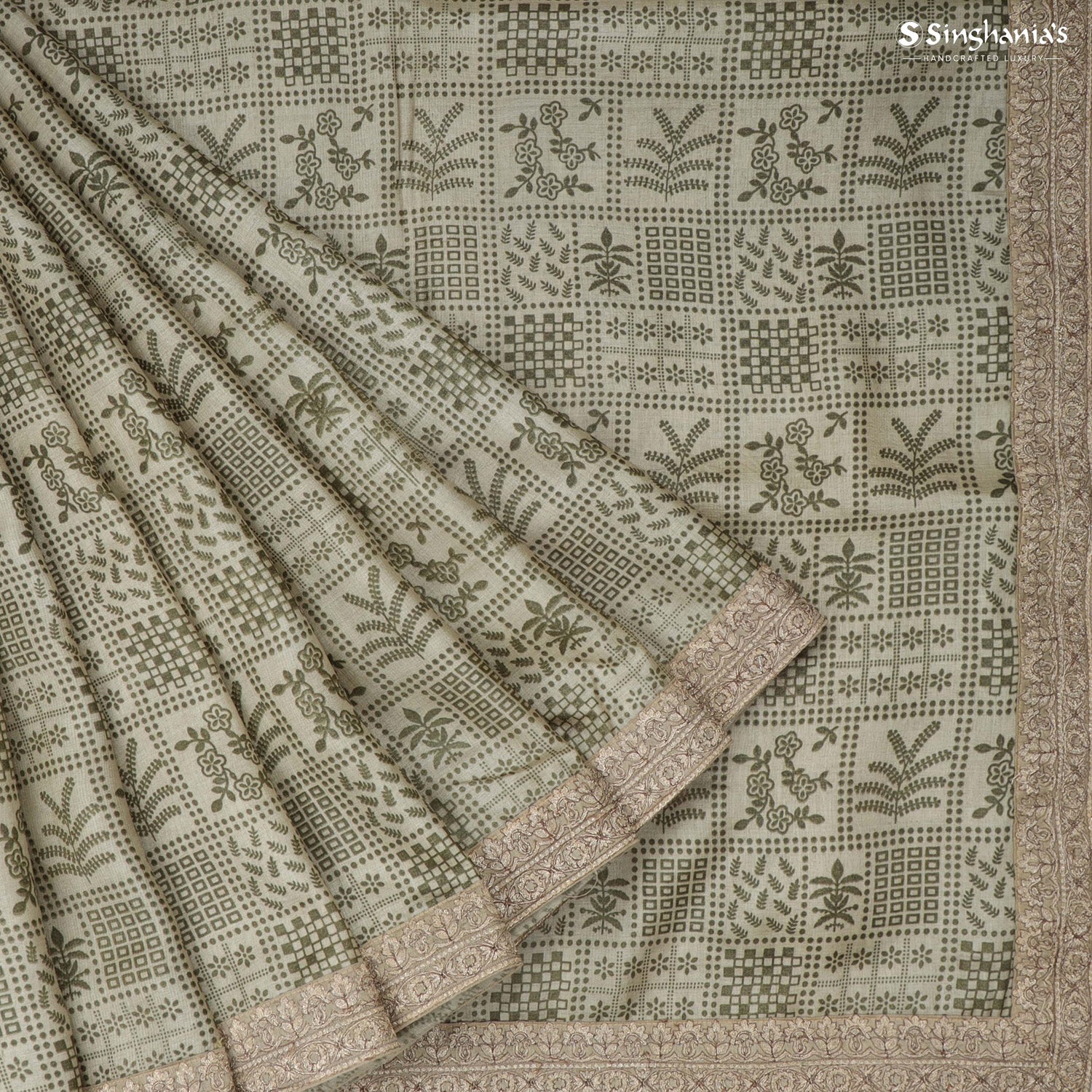 Pale Green Printed Silk Saree With Embroidery