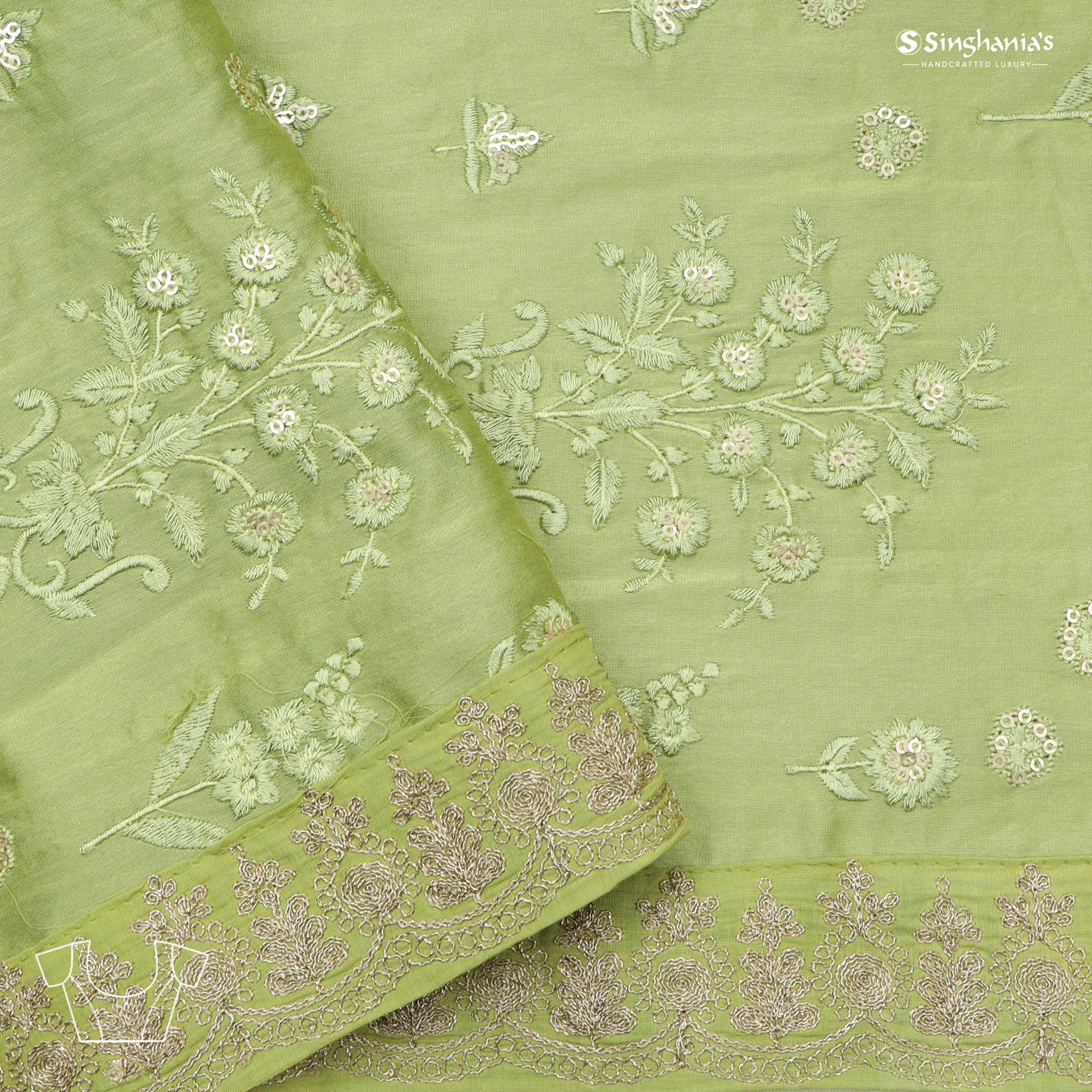 Pastel Green Printed Organza Saree With Embroidery