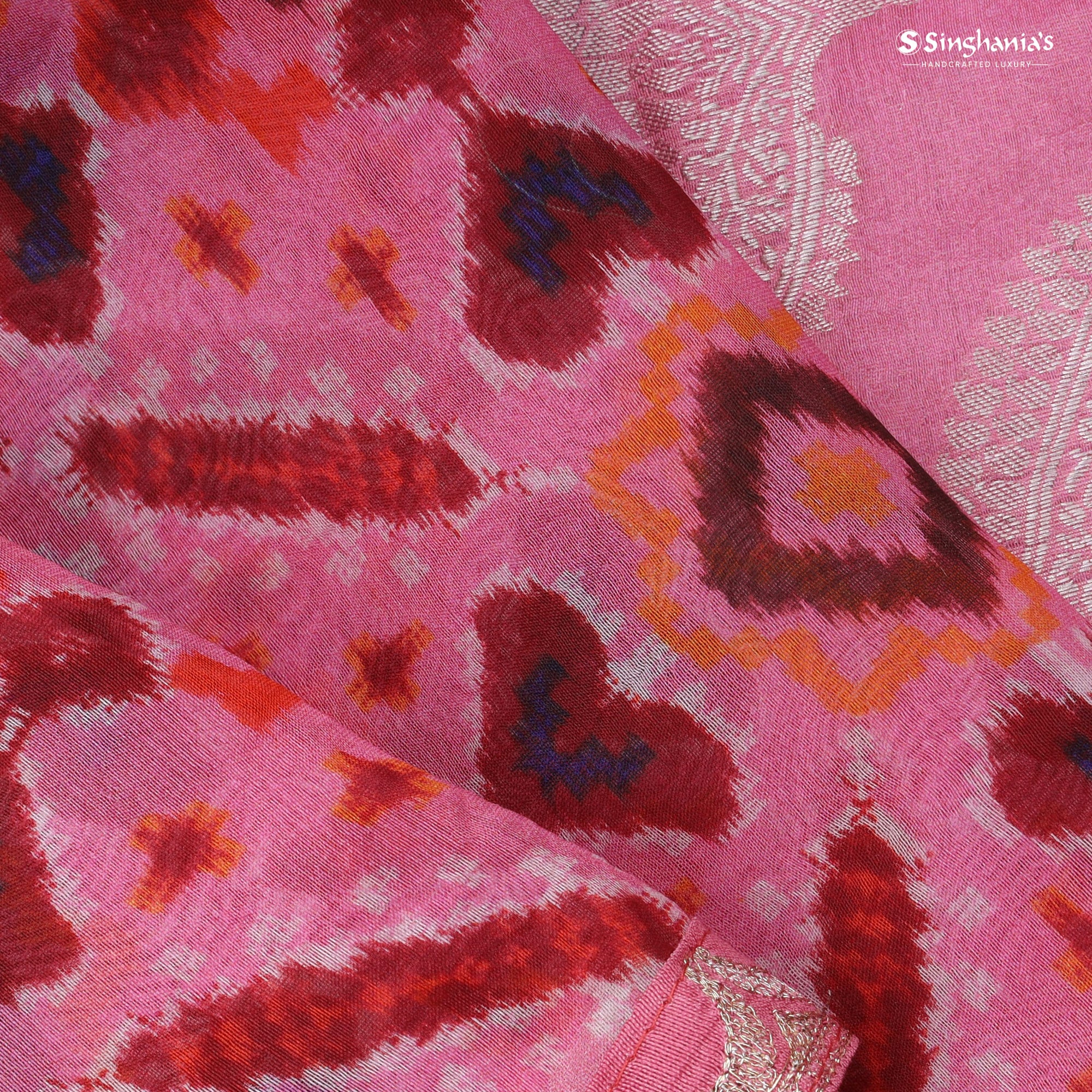 Flamingo Pink Printed Organza Saree With Embroidery