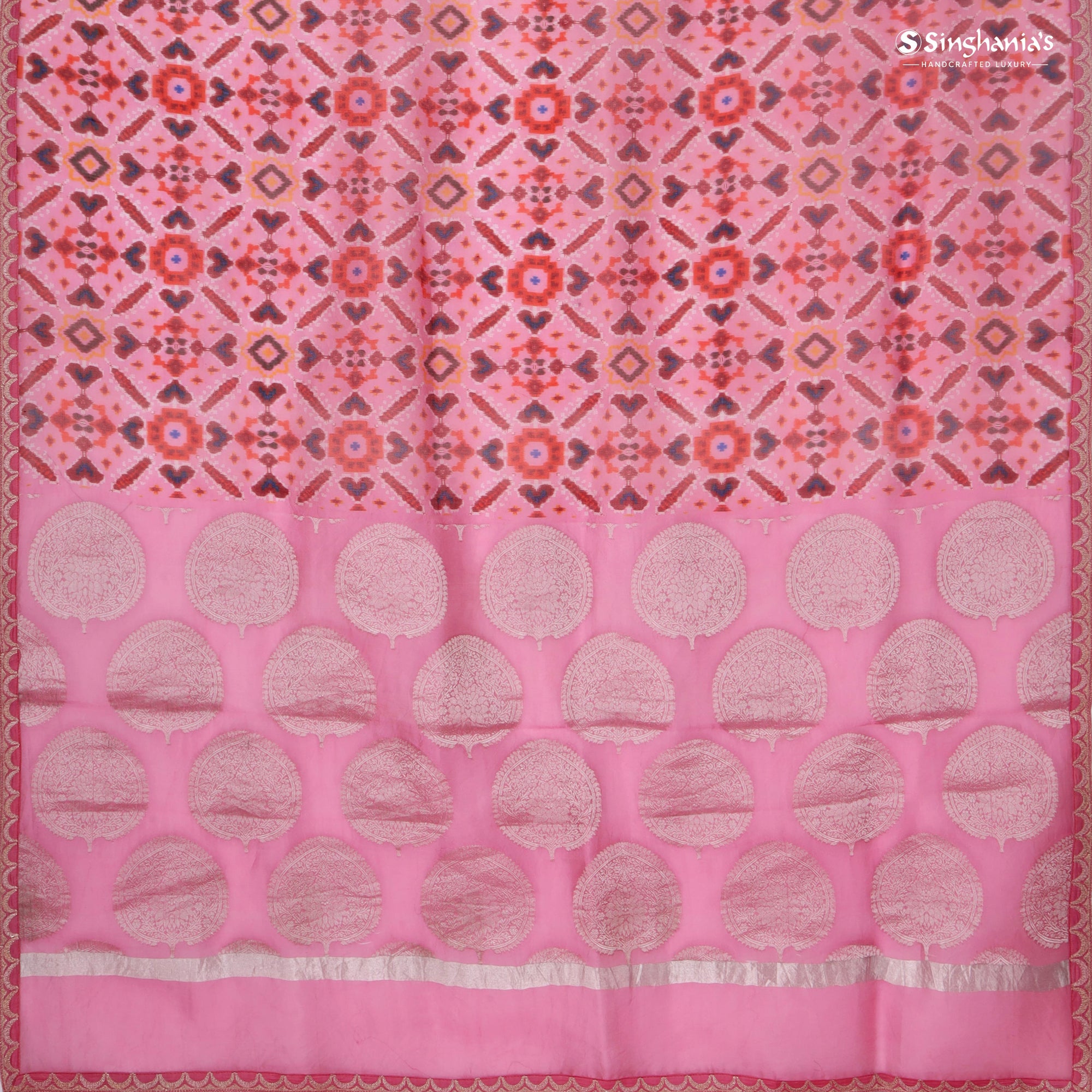 Flamingo Pink Printed Organza Saree With Embroidery