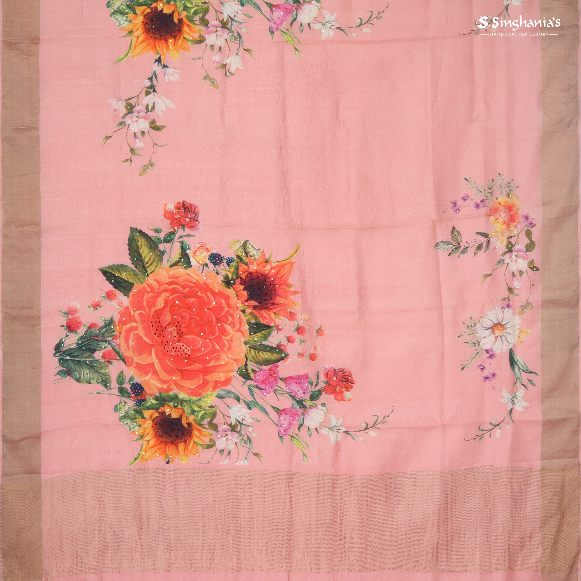 Pastel Pink Printed Tussar Saree With Sequin Embroidery