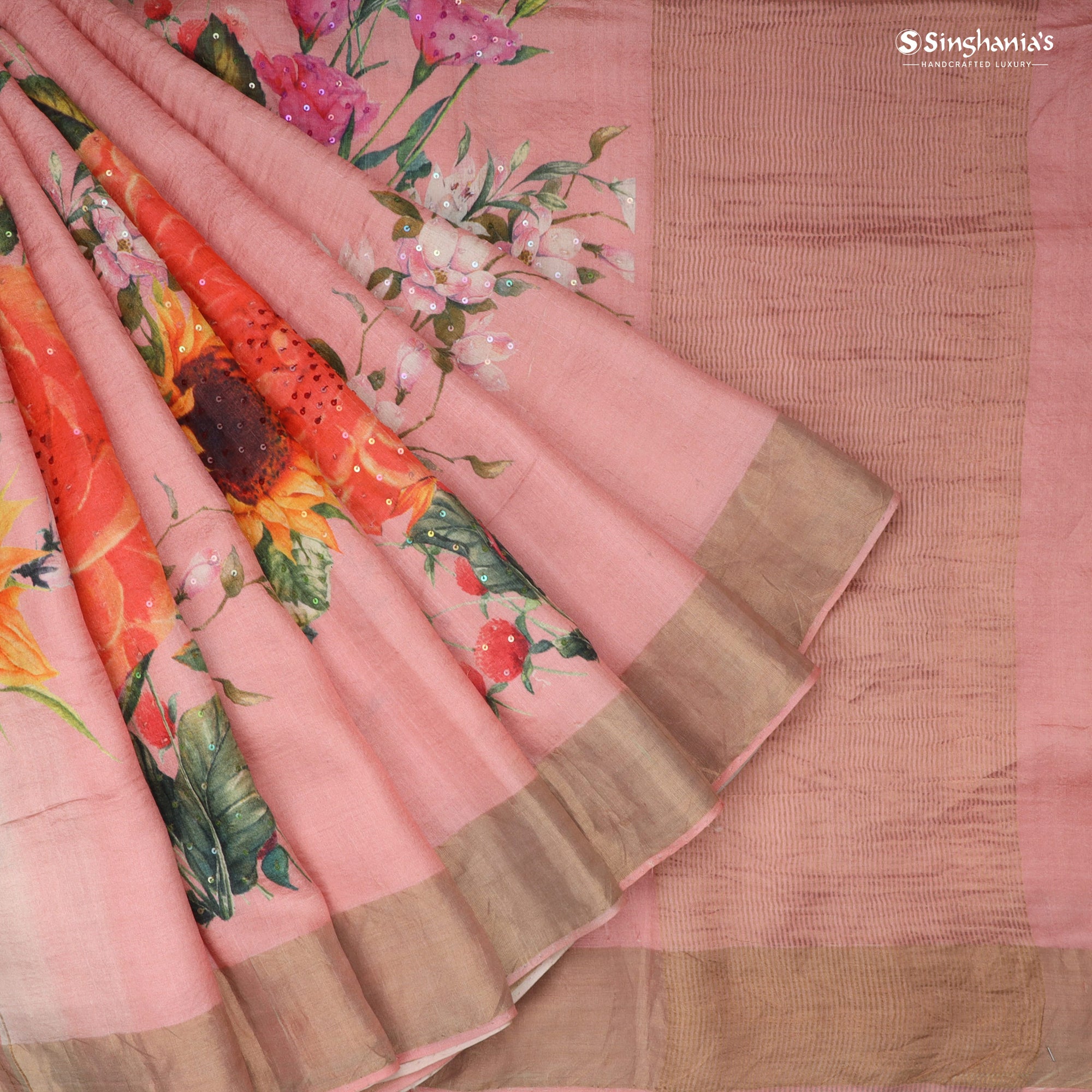 Pastel Pink Printed Tussar Saree With Sequin Embroidery