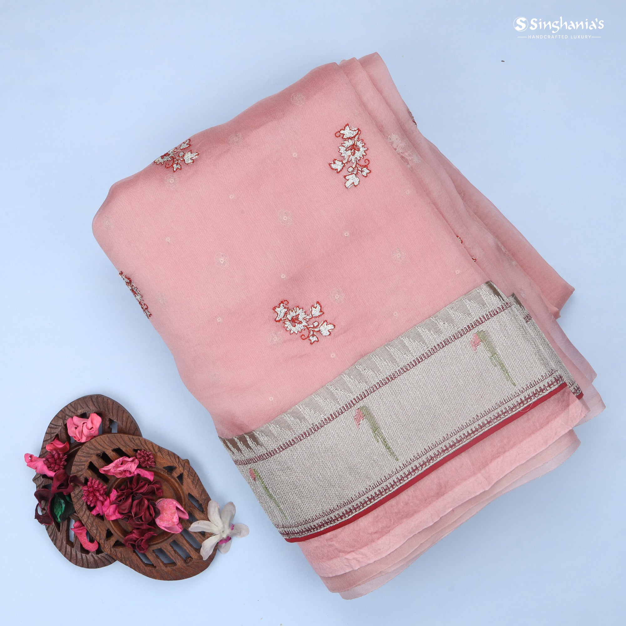 Baby Pink Organza Saree With Floral Embroidered Motifs