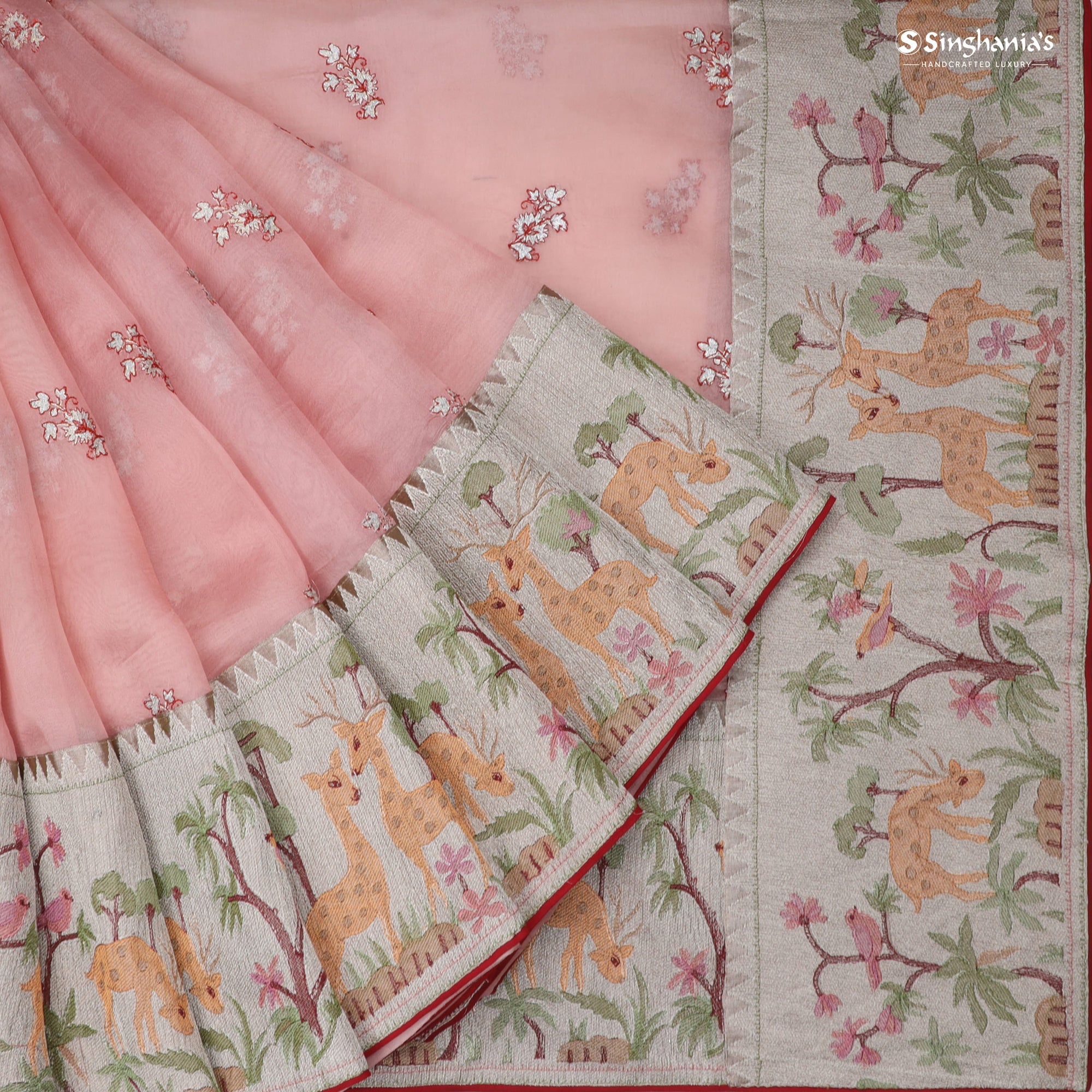 Baby Pink Organza Saree With Floral Embroidered Motifs