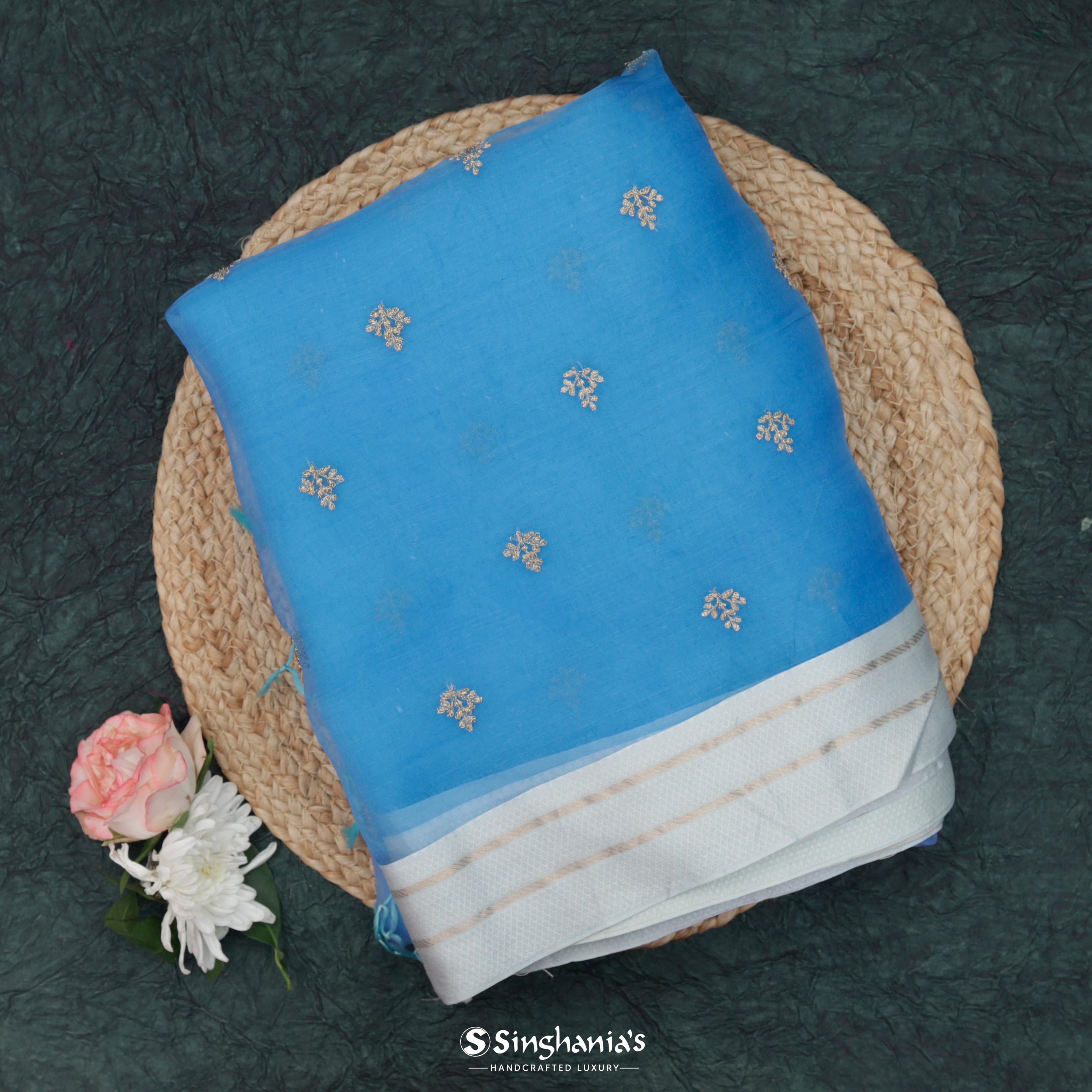 Dual Toned Blue Organza Embroidery Saree With Floral Buttas