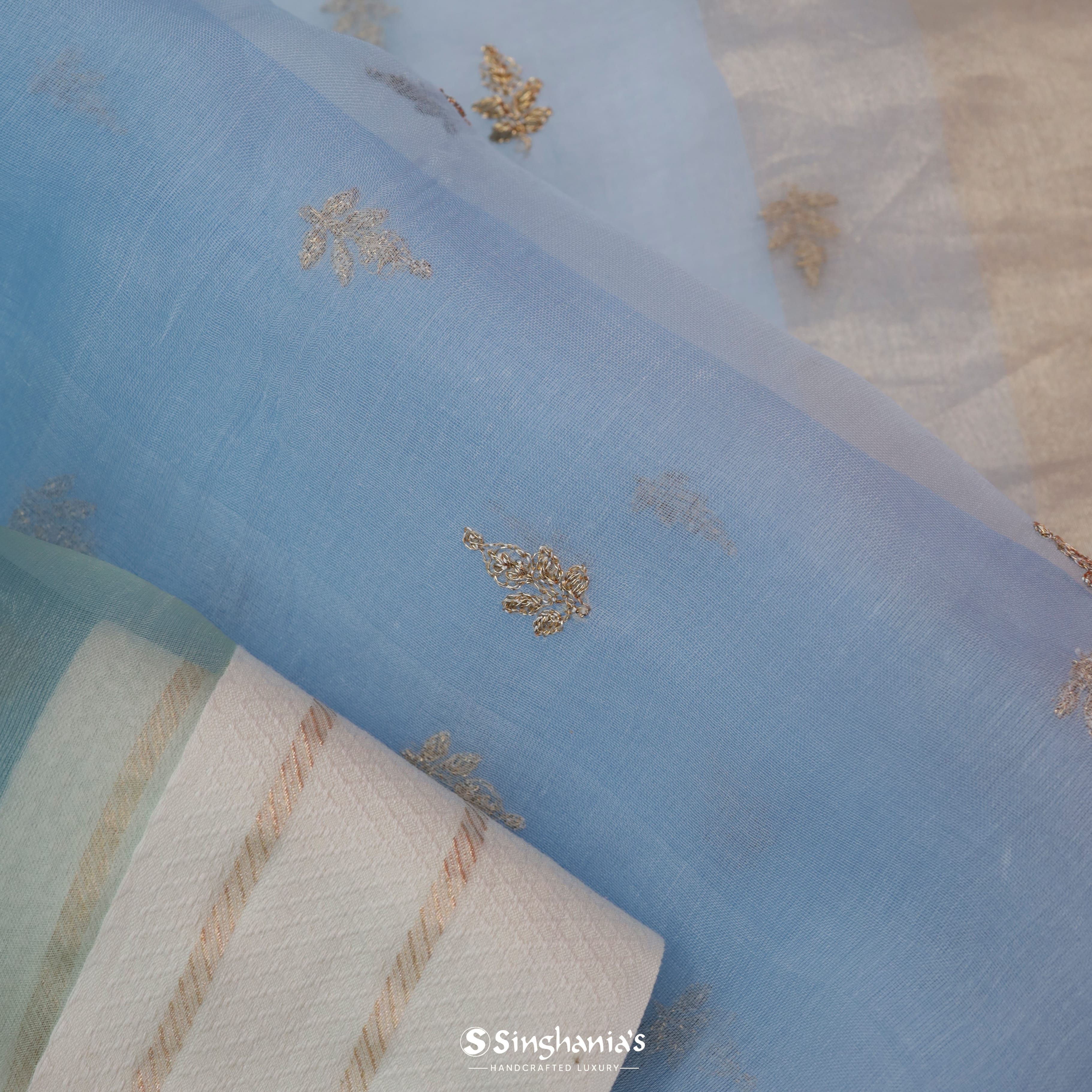 Blue Green Organza Embroidery Saree With Tiny Buttis