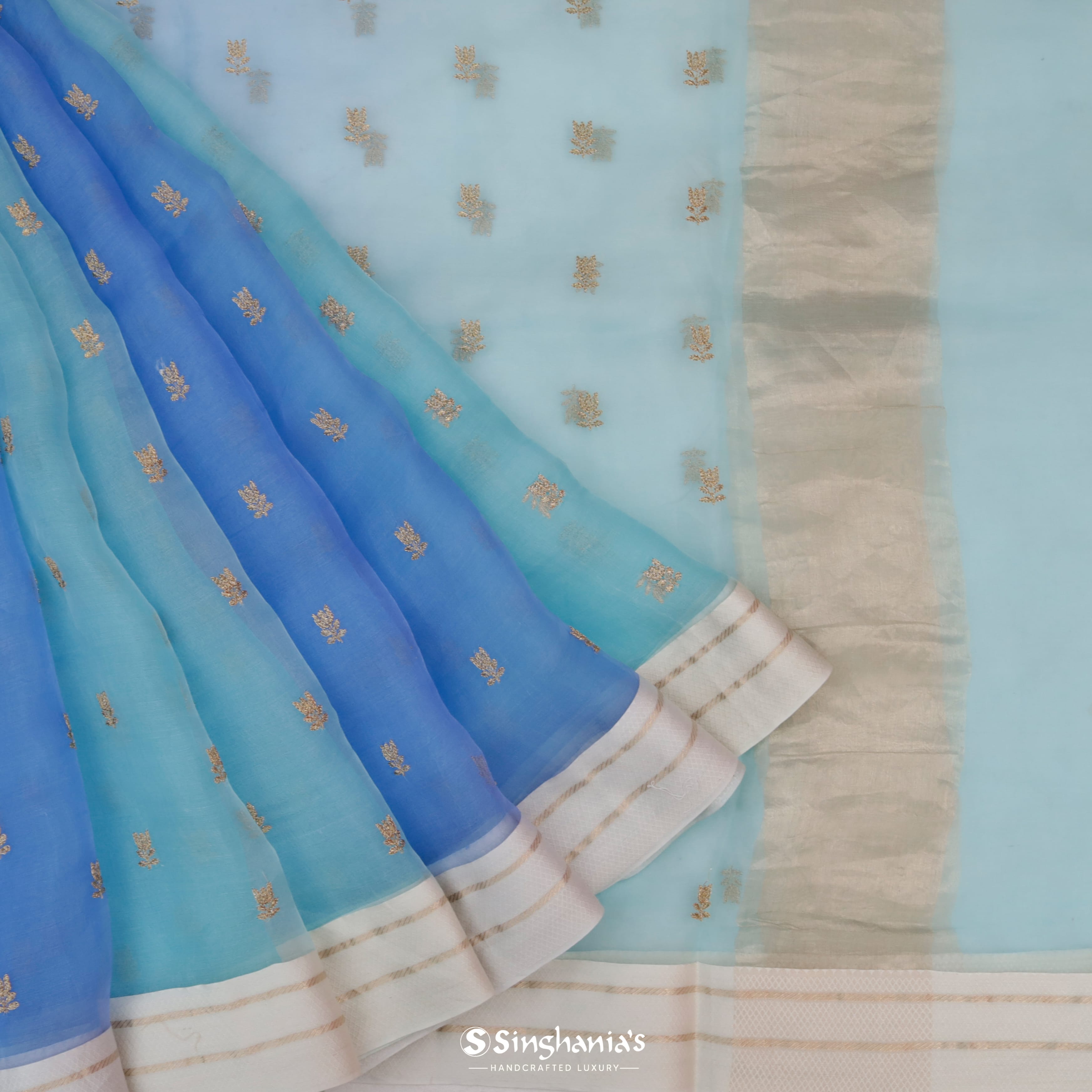 Dual Shade Organza Embroidery Saree With Floral Buttas