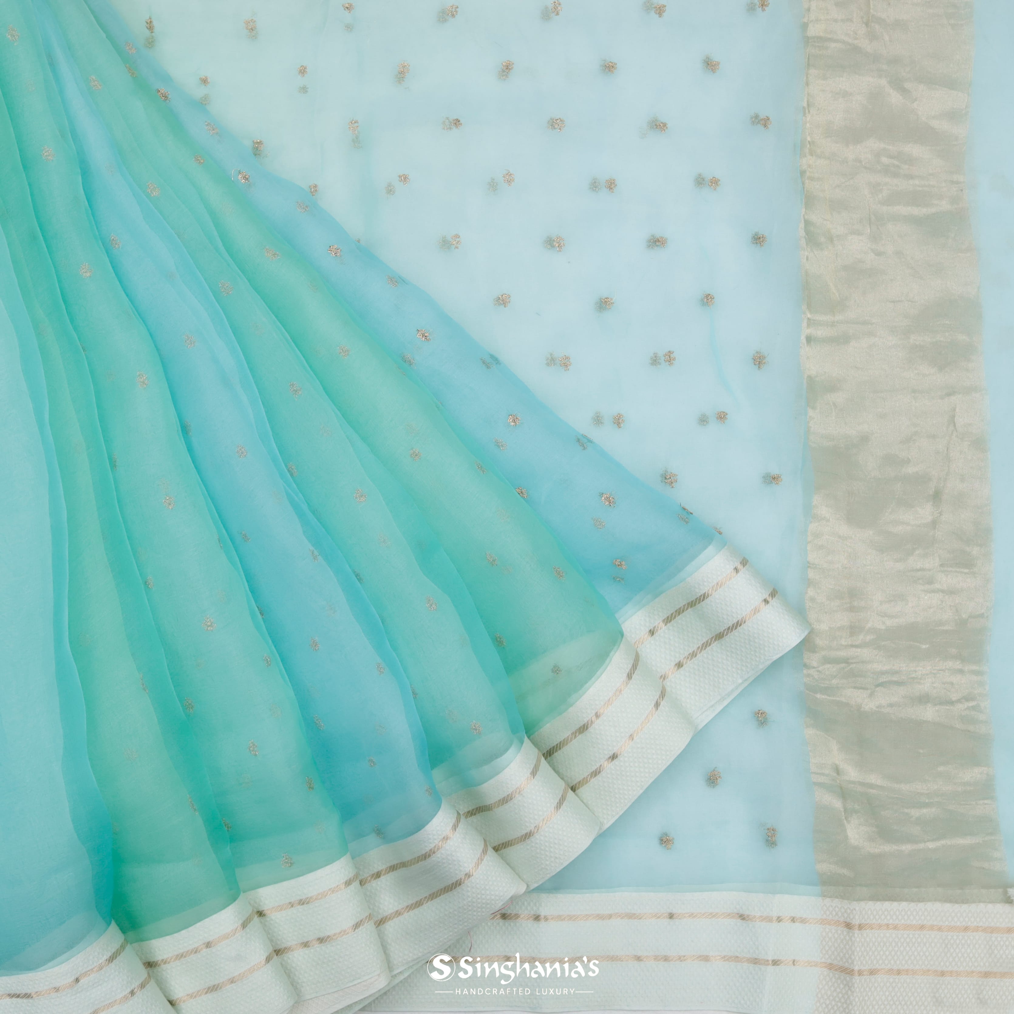 Blue Green Organza Embroidery Saree With Everyday Object Motif