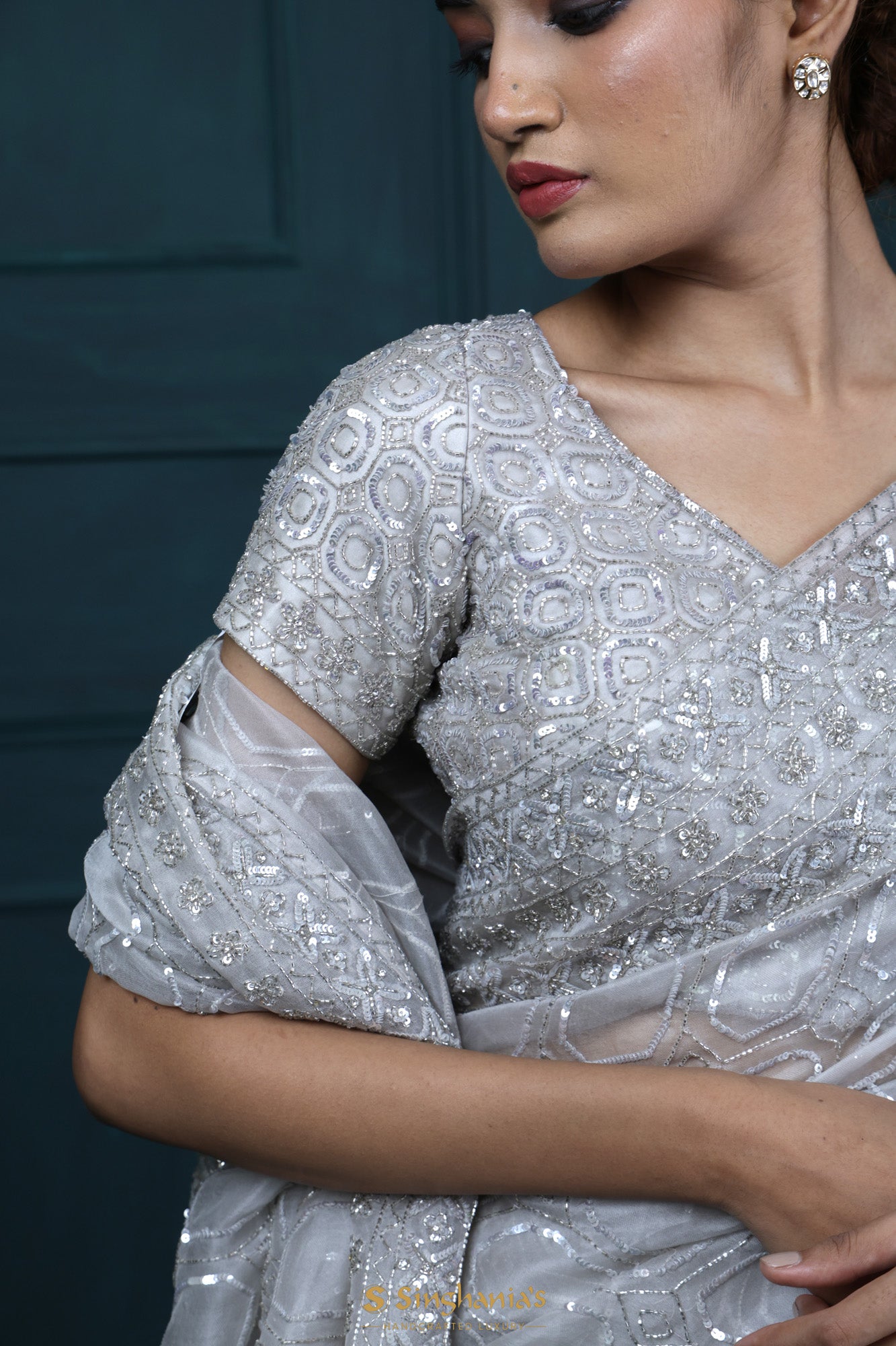 Silvery White Organza Designer Saree With Hand Embroidery