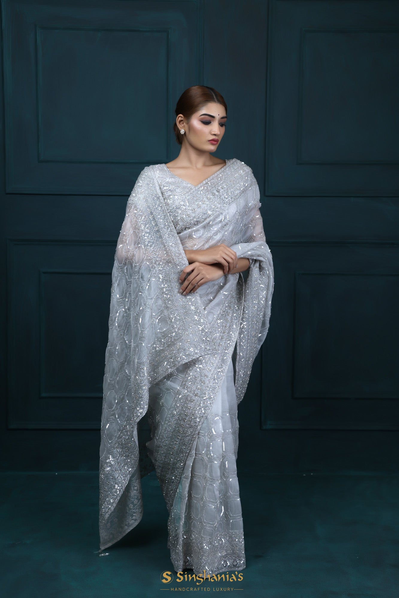 Silvery White Organza Designer Saree With Hand Embroidery