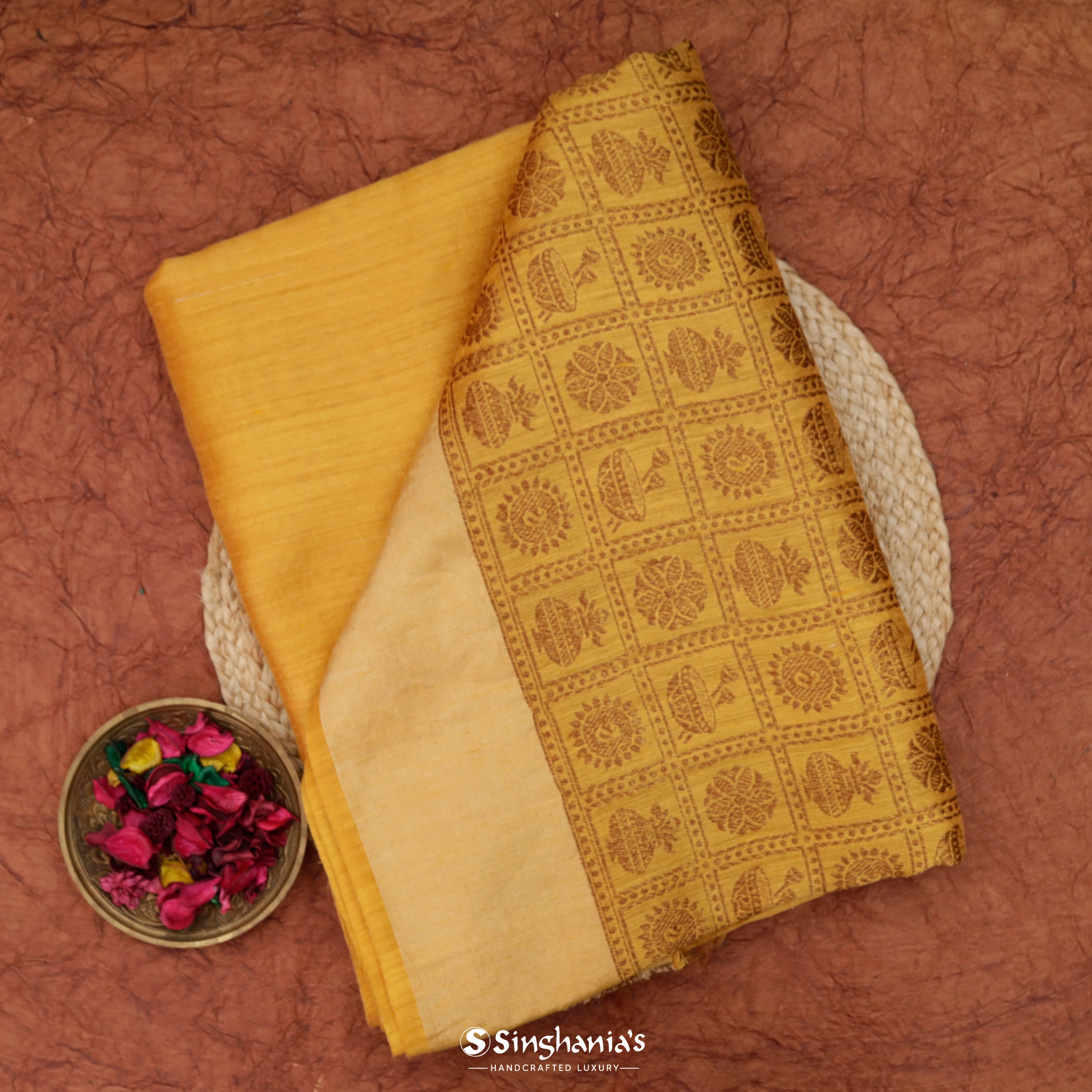 Amber Yellow Matka Banarasi Saree With Everyday Object Motif