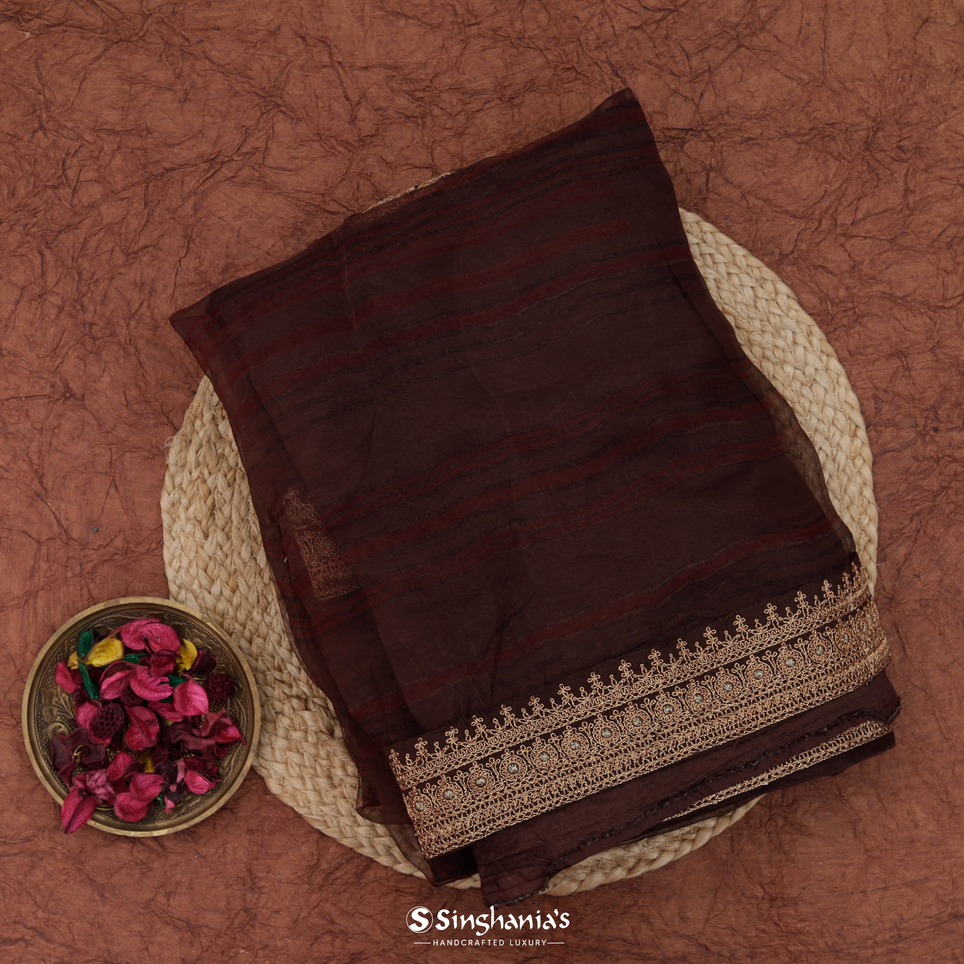 Chocolate Brown Organza Printed Saree With Stripes Pattern
