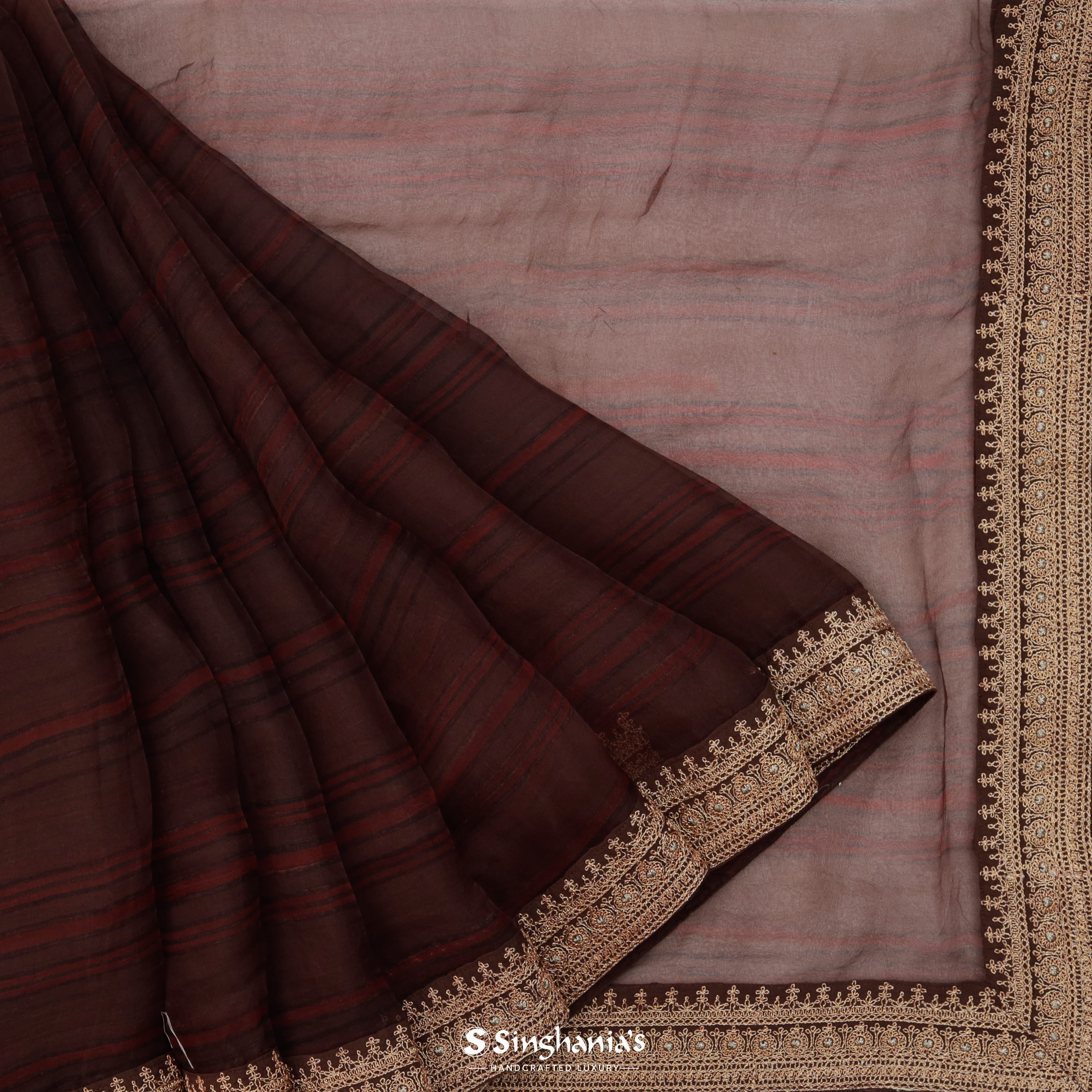 Chocolate Brown Organza Printed Saree With Stripes Pattern