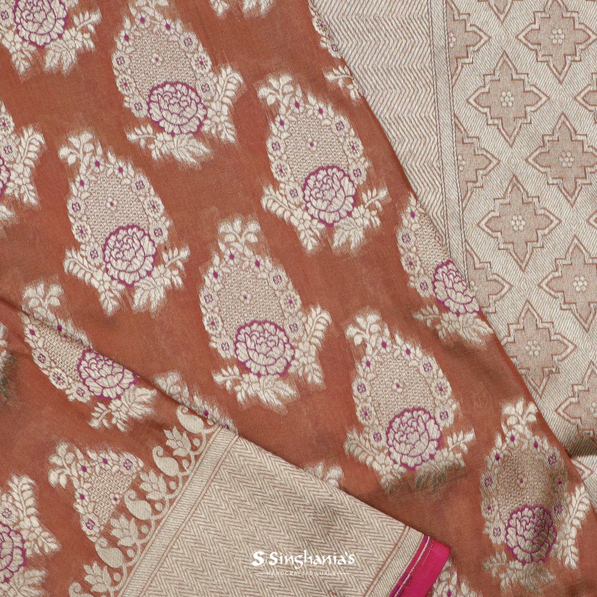 Rust Orange Banarasi Silk Saree With Floral Buttas Weaving