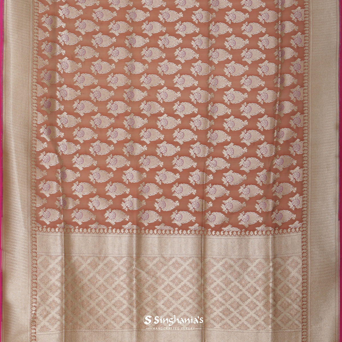 Rust Orange Banarasi Silk Saree With Floral Buttas Weaving