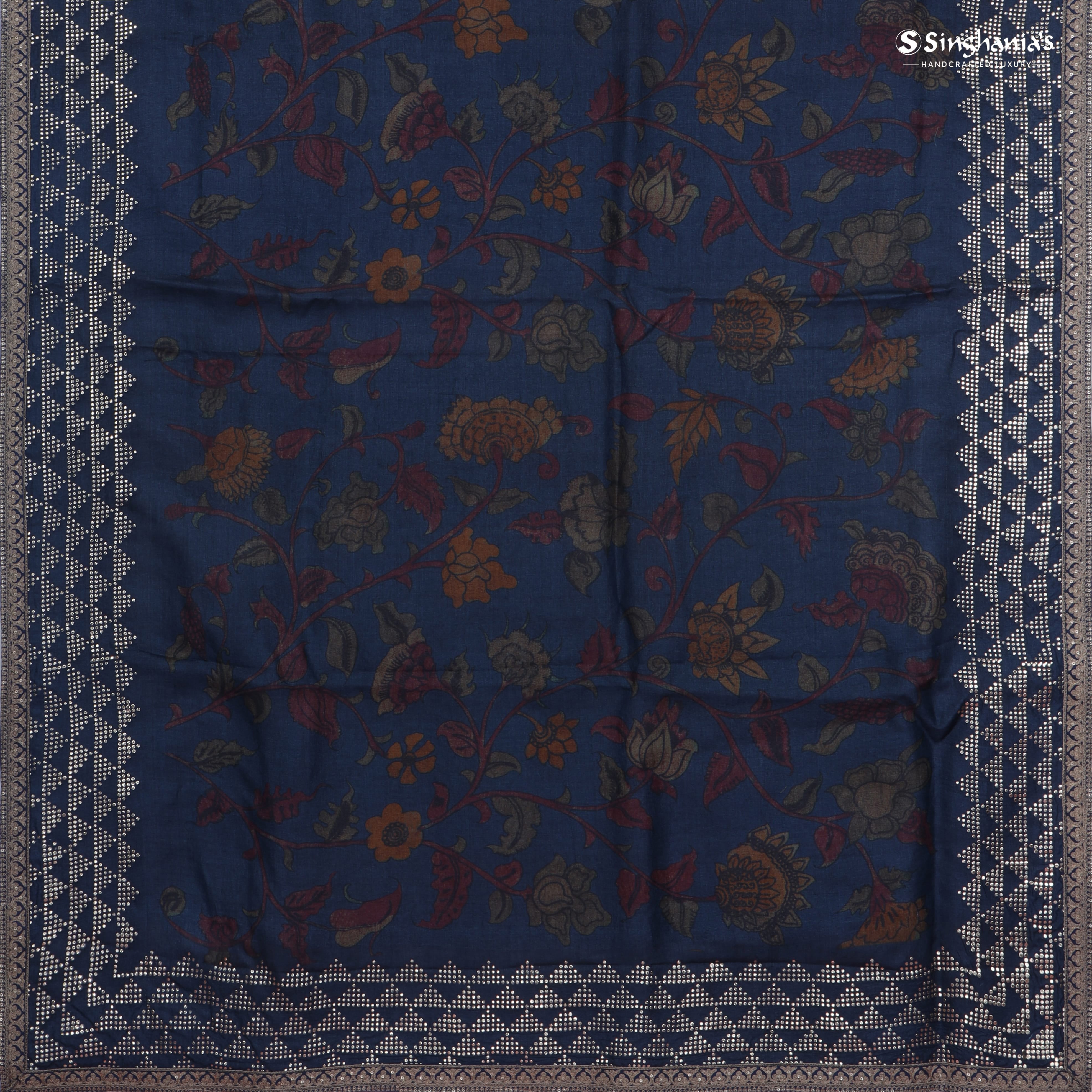 Dark Blue Printed Tussar Saree With Mukaish Embroidery Work