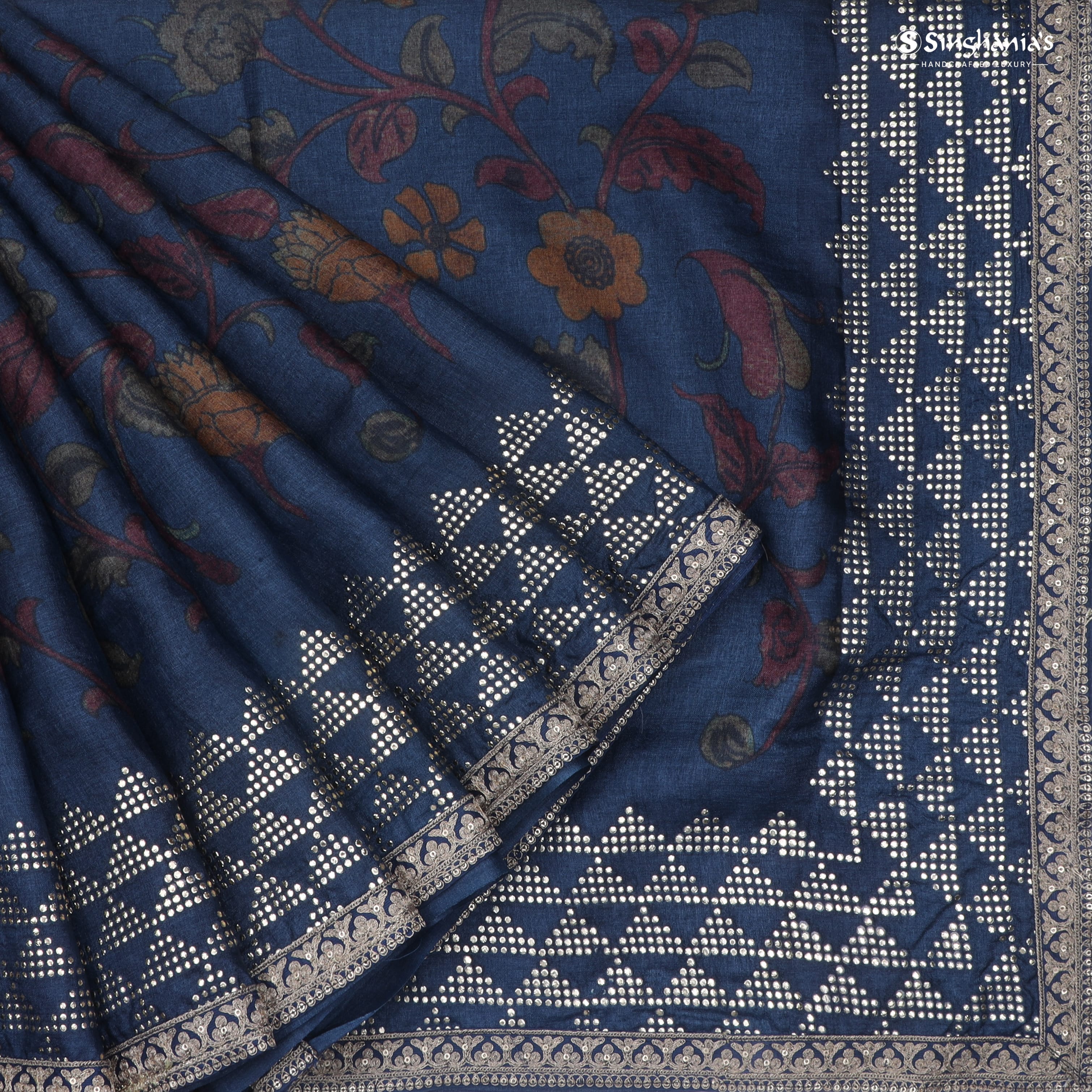 Dark Blue Printed Tussar Saree With Mukaish Embroidery Work