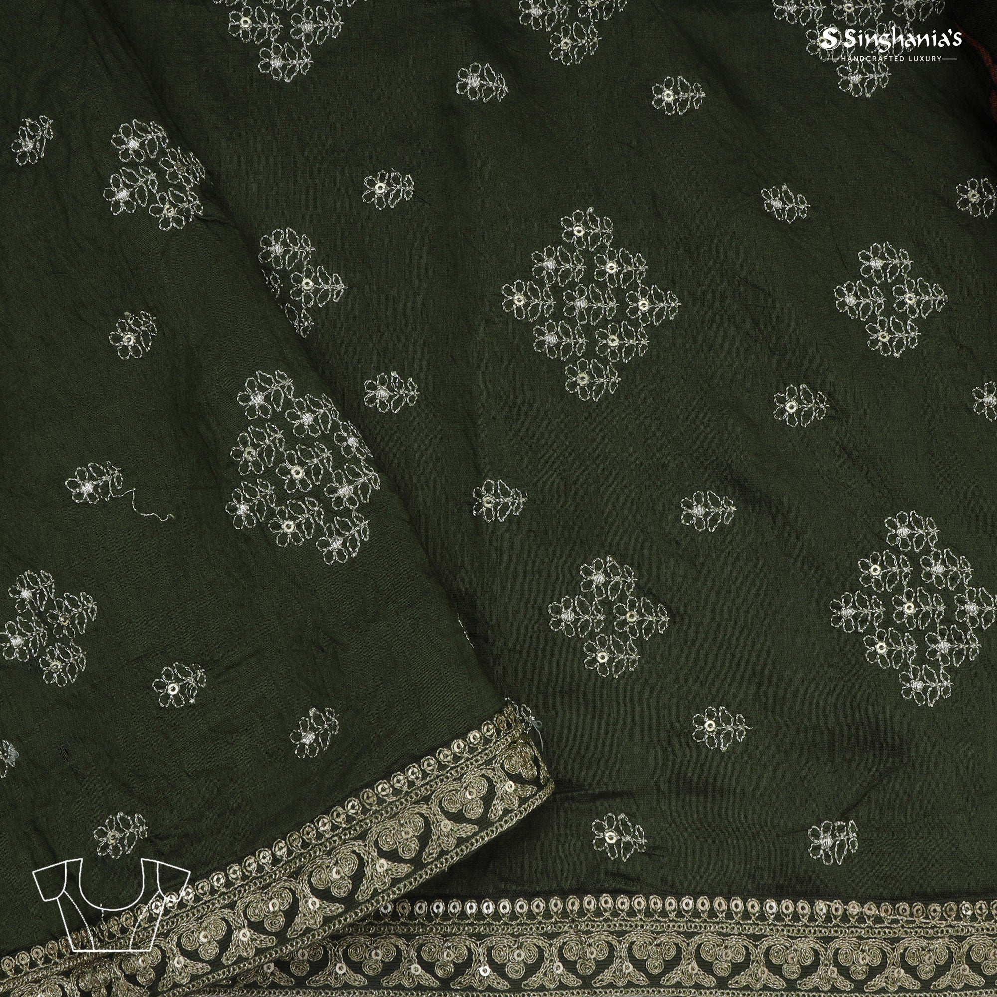 Dark Green Printed Tussar Saree With Mukaish Design