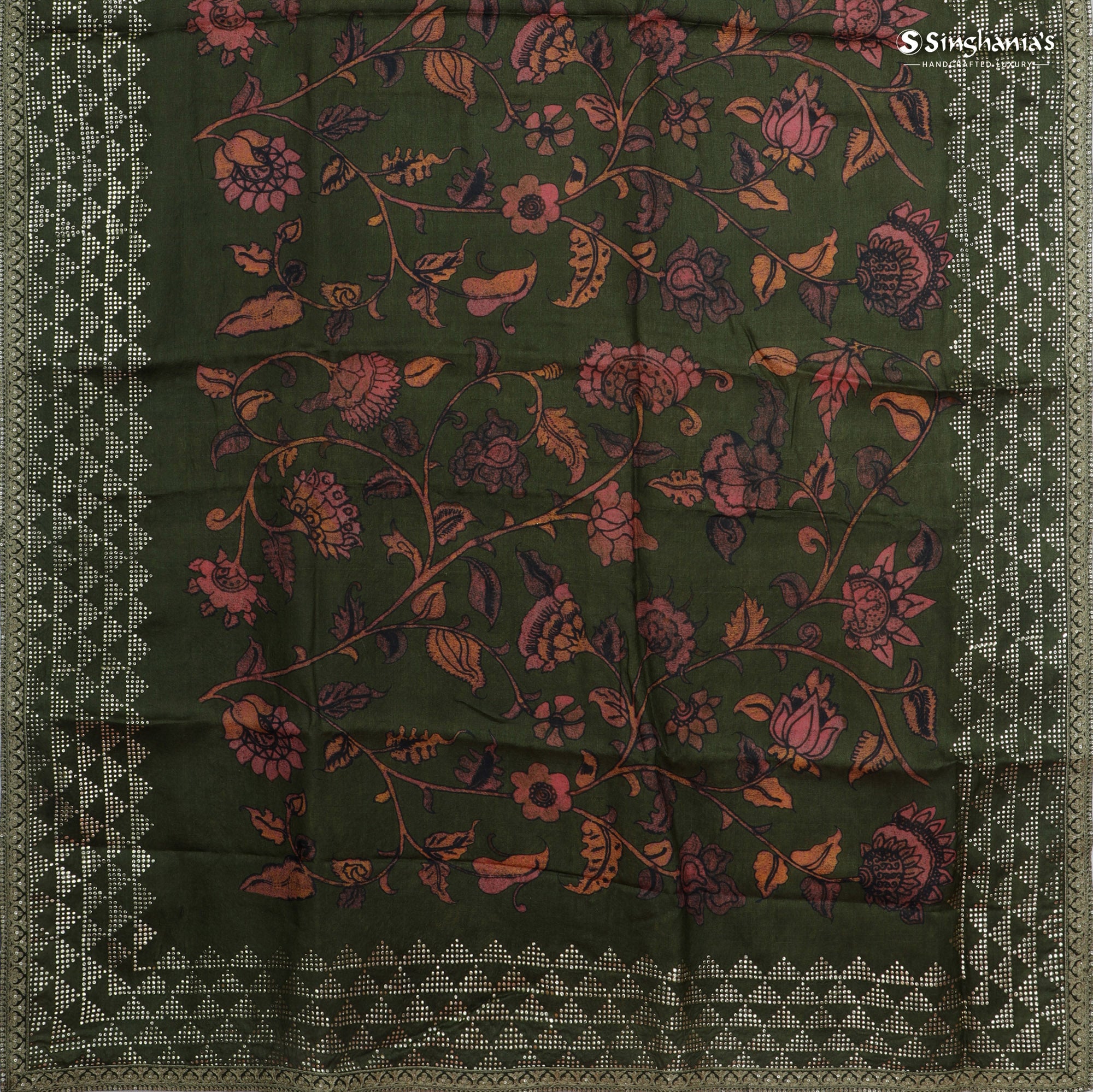 Dark Green Printed Tussar Saree With Mukaish Design