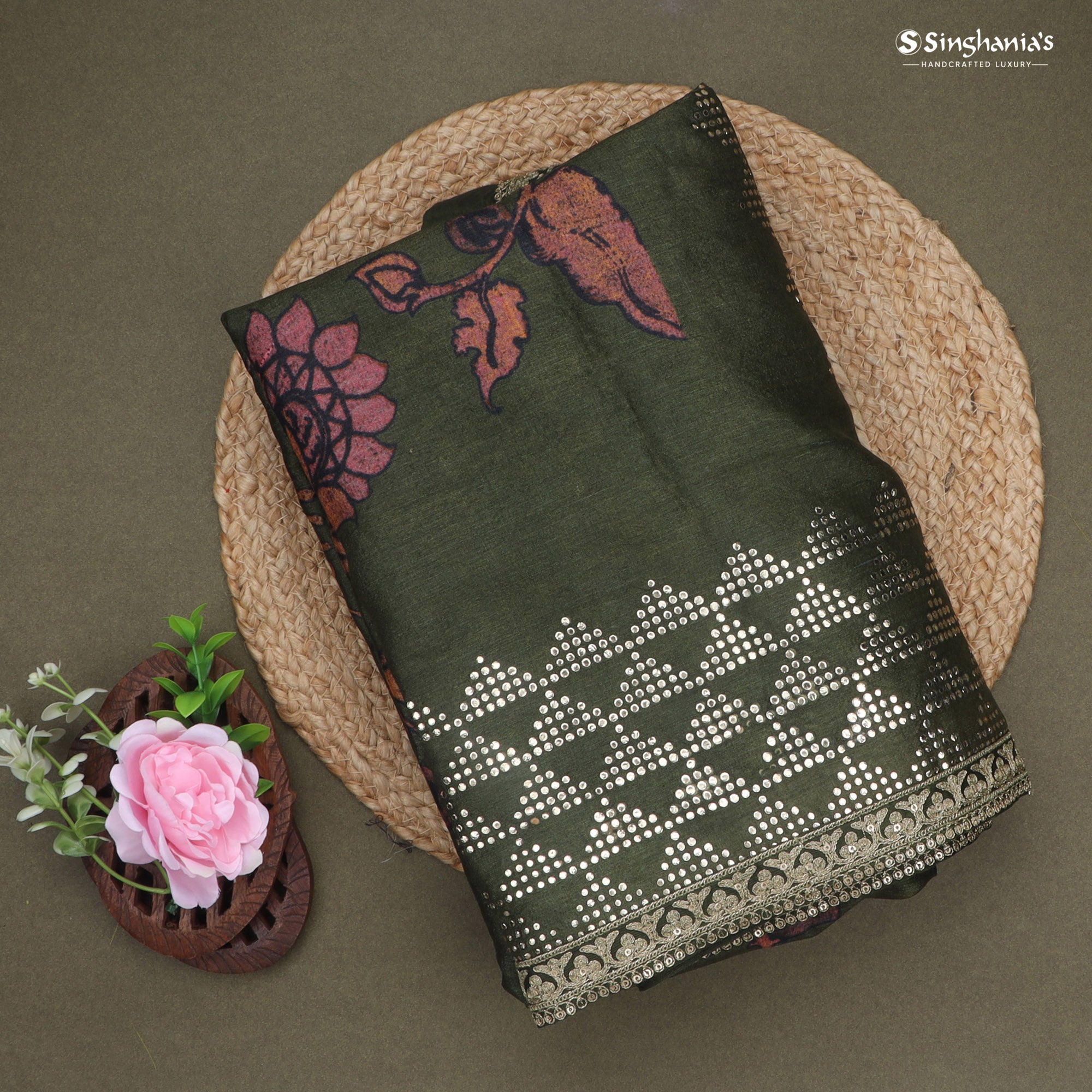 Dark Green Printed Tussar Saree With Mukaish Design