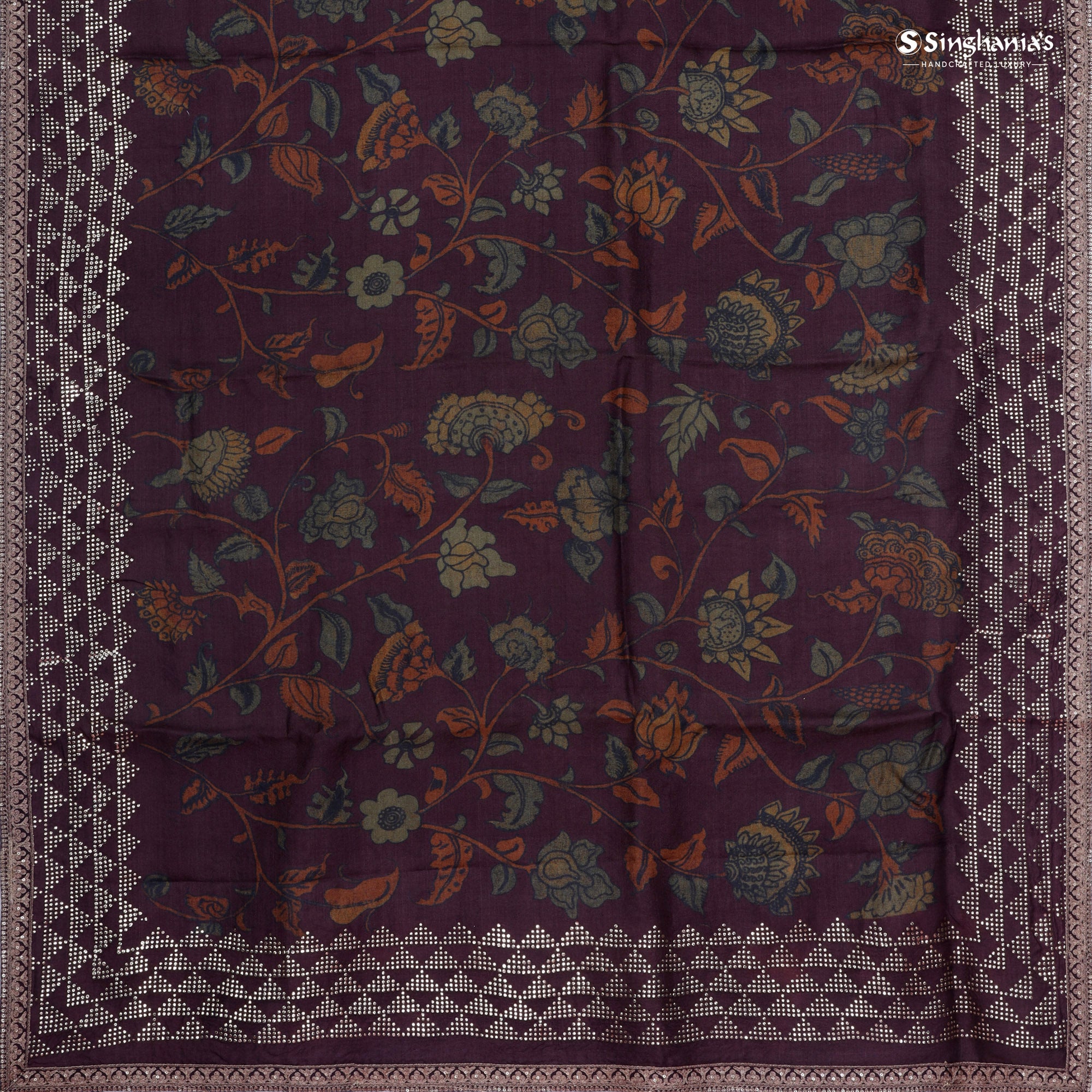 Maroon Brown Printed Tussar Saree With Mukaish Design