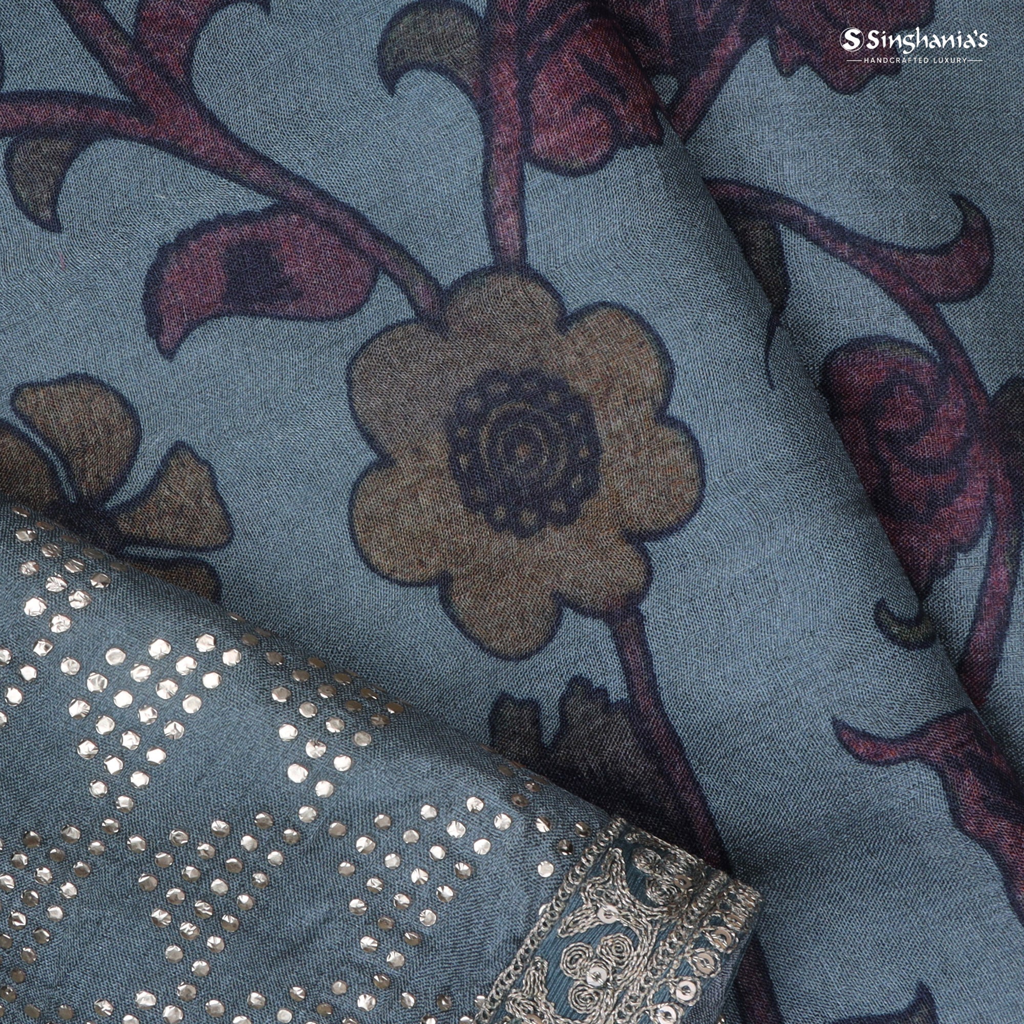 Ice Blue Printed Tussar Saree With Mukaish Design