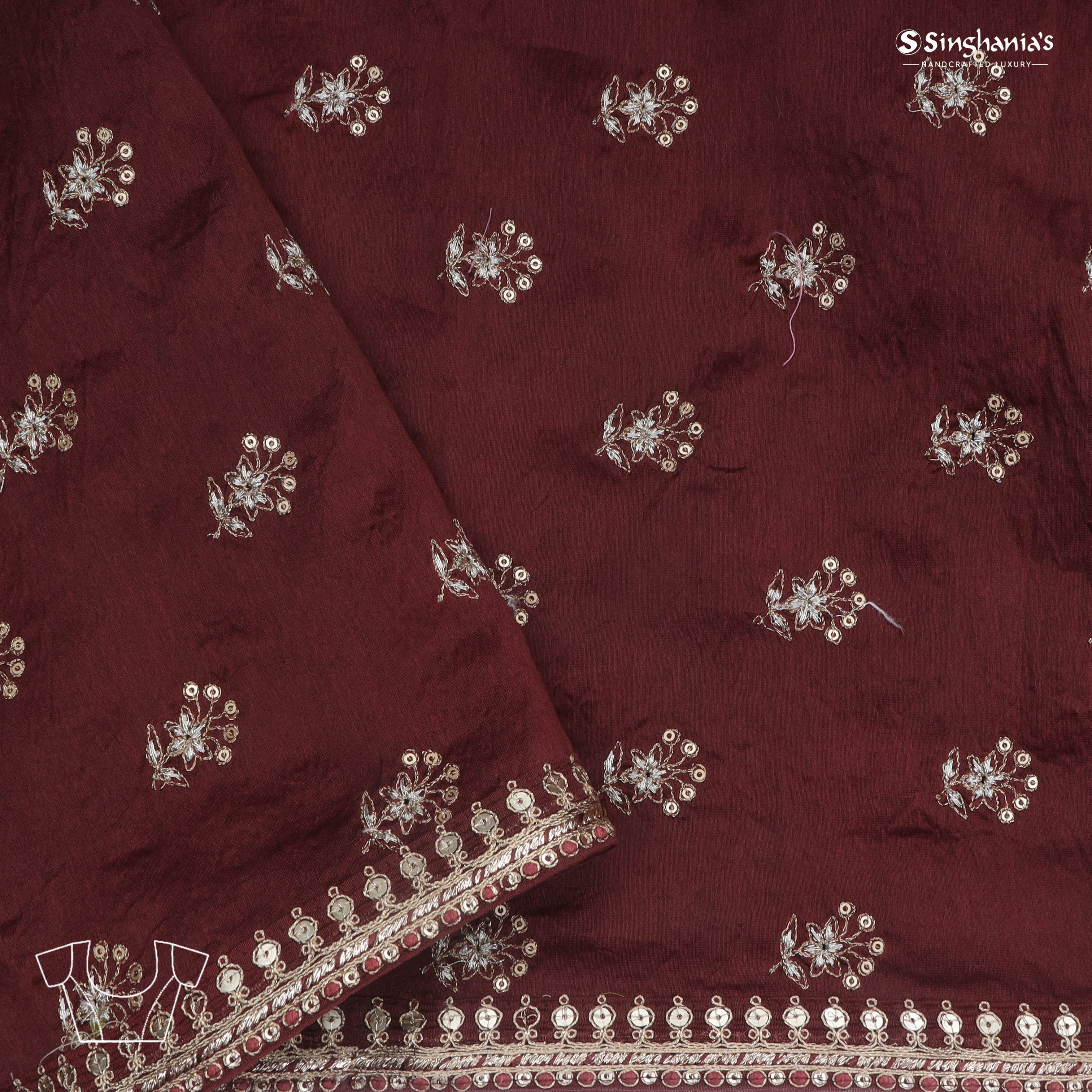 Dark Maroon Printed Tussar Saree With Sequin Embroidery