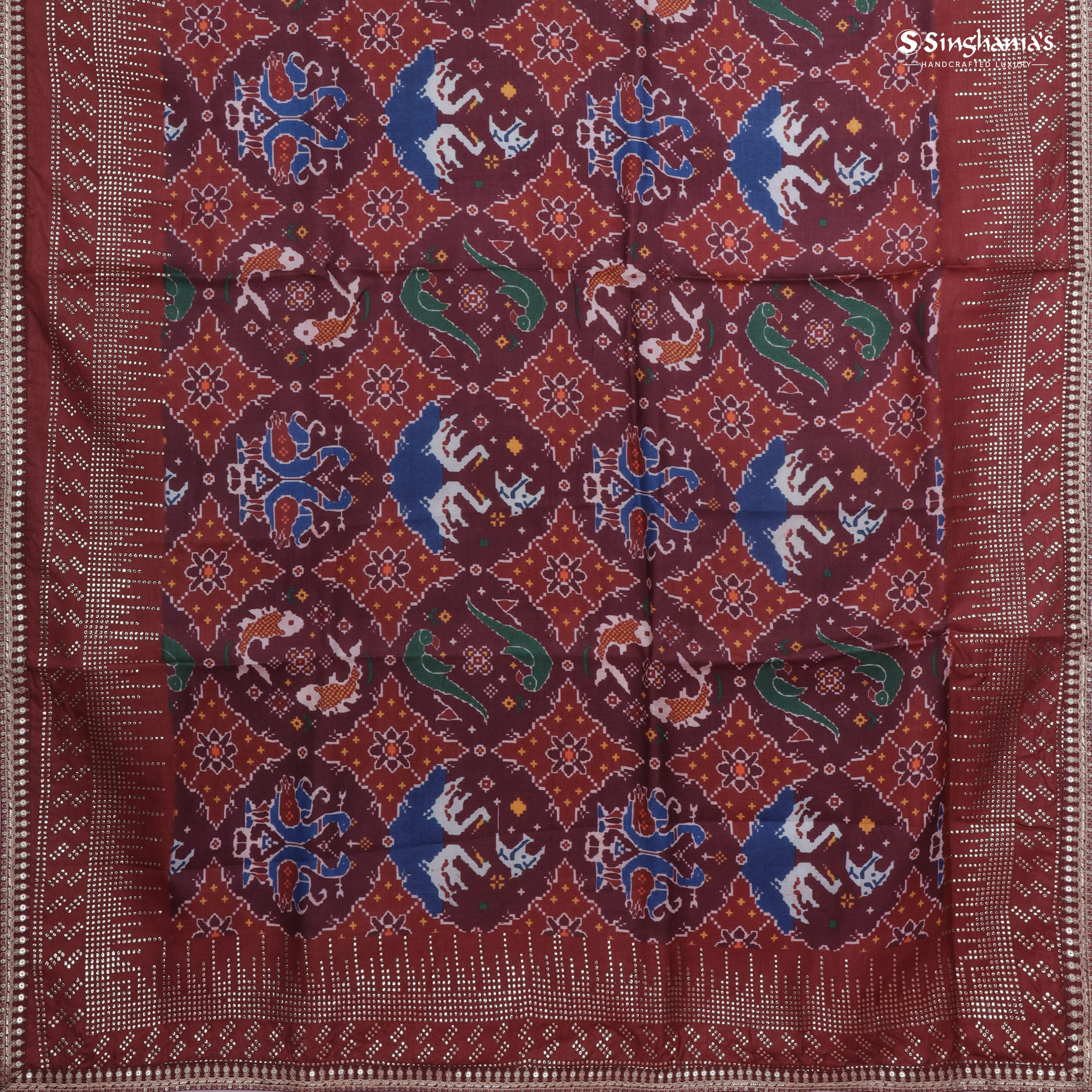 Dark Maroon Printed Tussar Saree With Sequin Embroidery